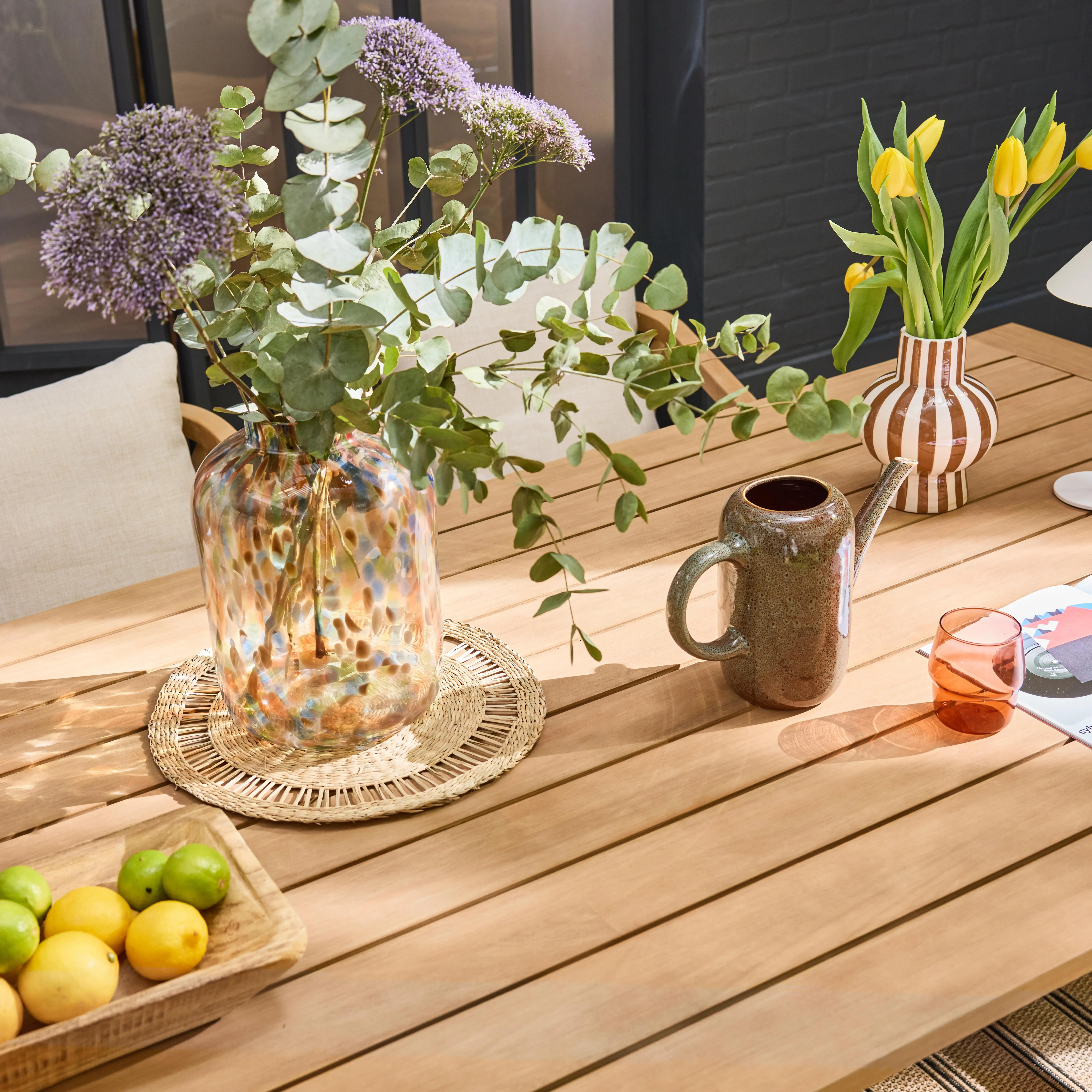 Table de jardin bois d'eucalyptus et cordes 8 fauteuils