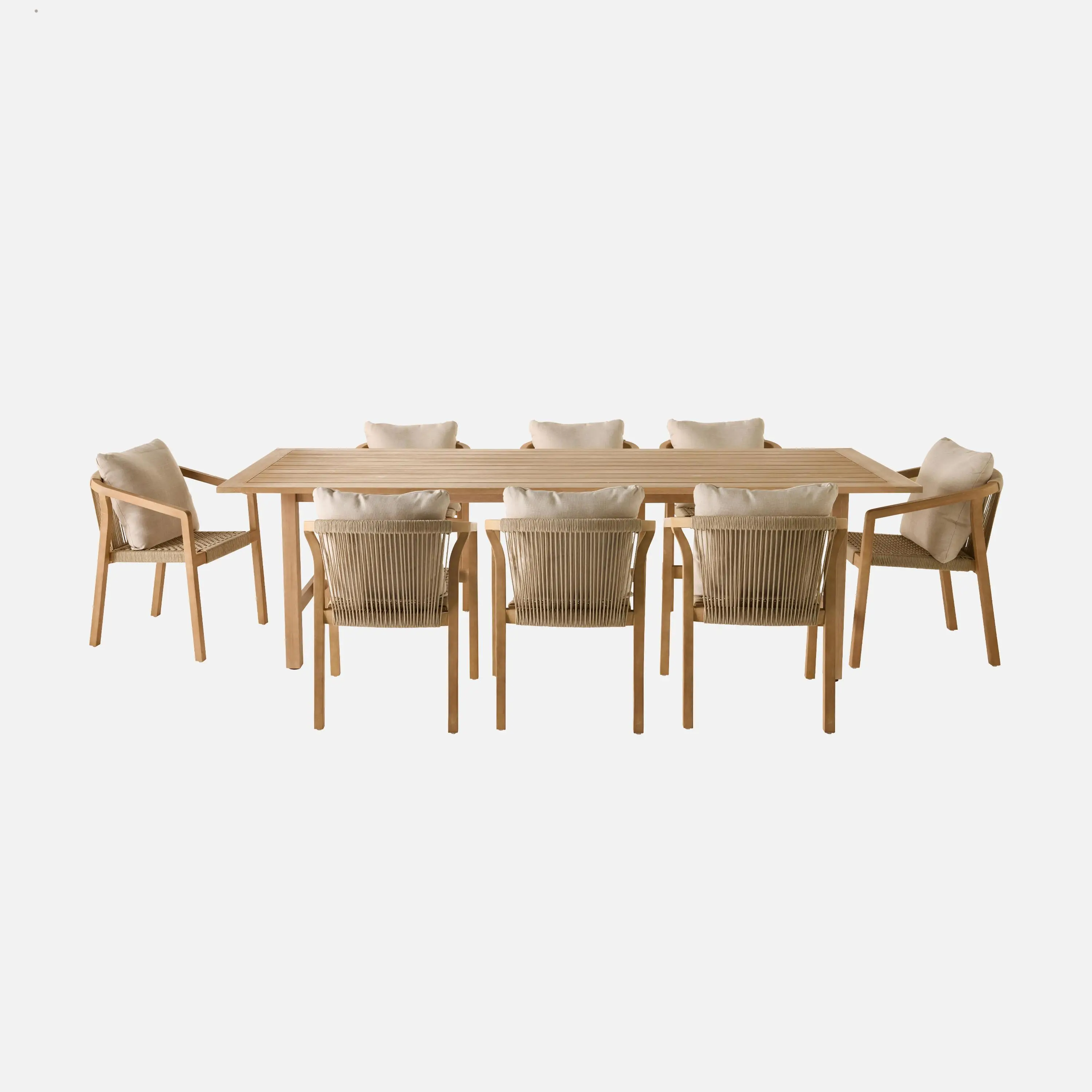 Table de jardin bois d'eucalyptus et cordes 8 fauteuils