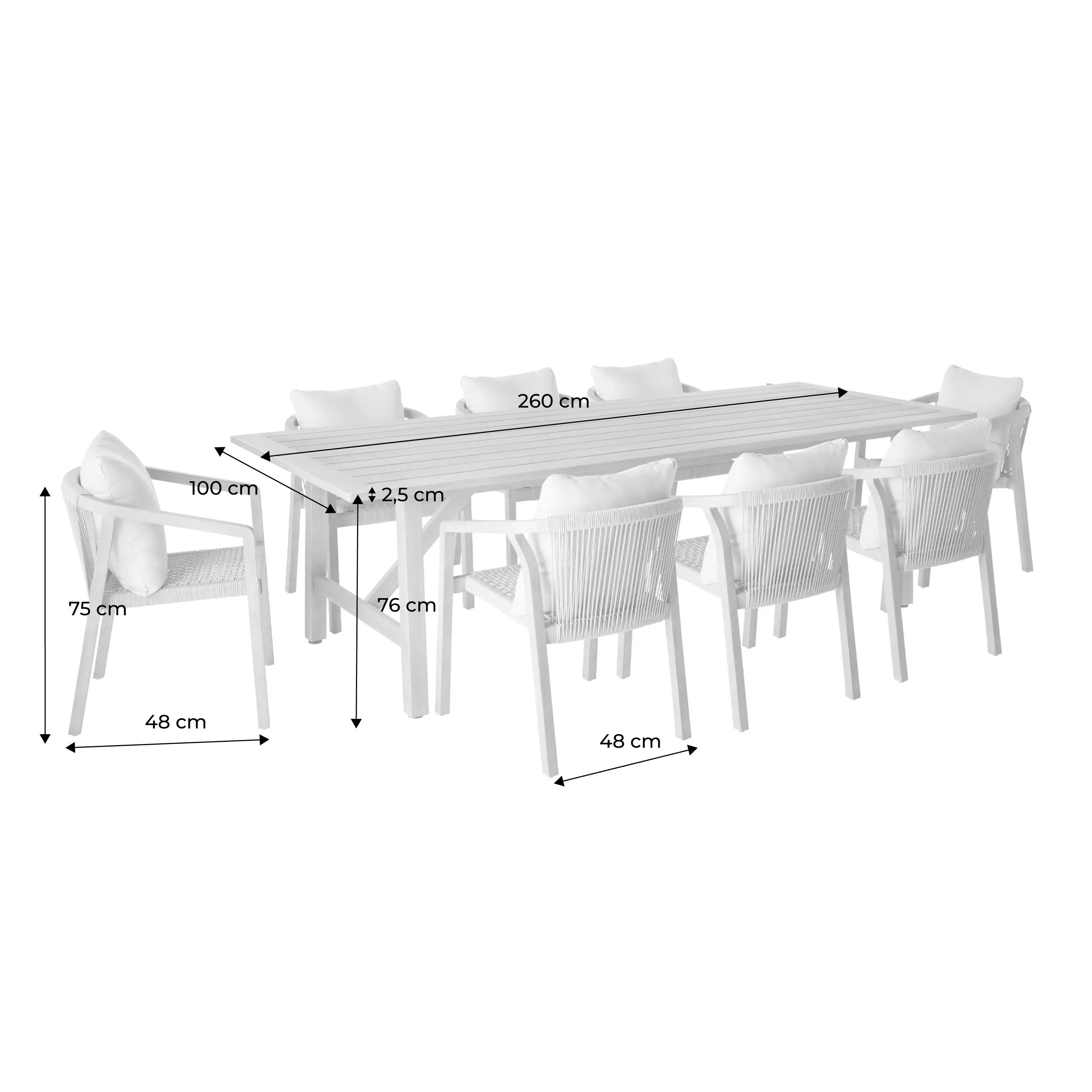 Table de jardin bois d'eucalyptus et cordes 8 fauteuils