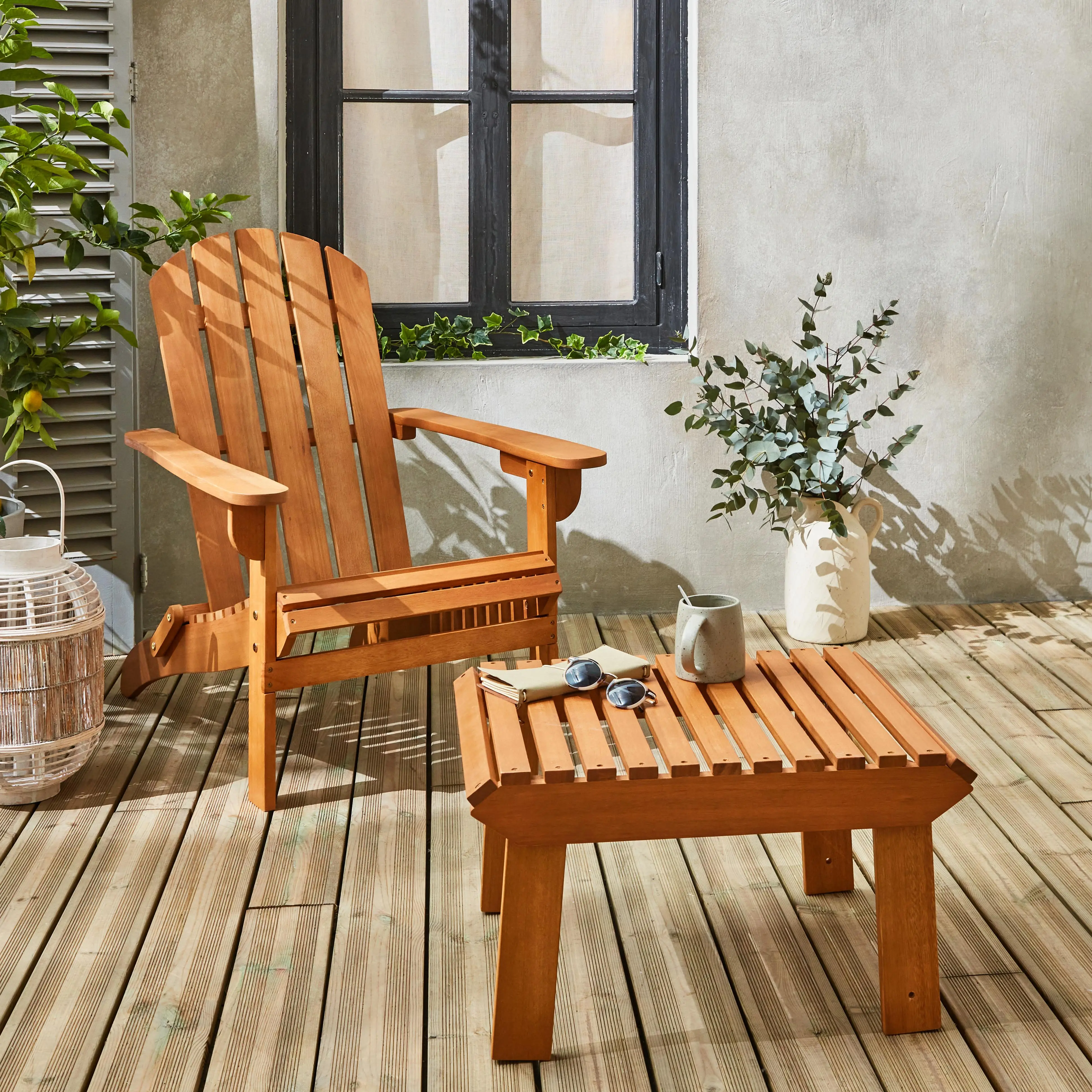 Fauteuil de jardin + table basse/repose pieds bois d'eucalyptus