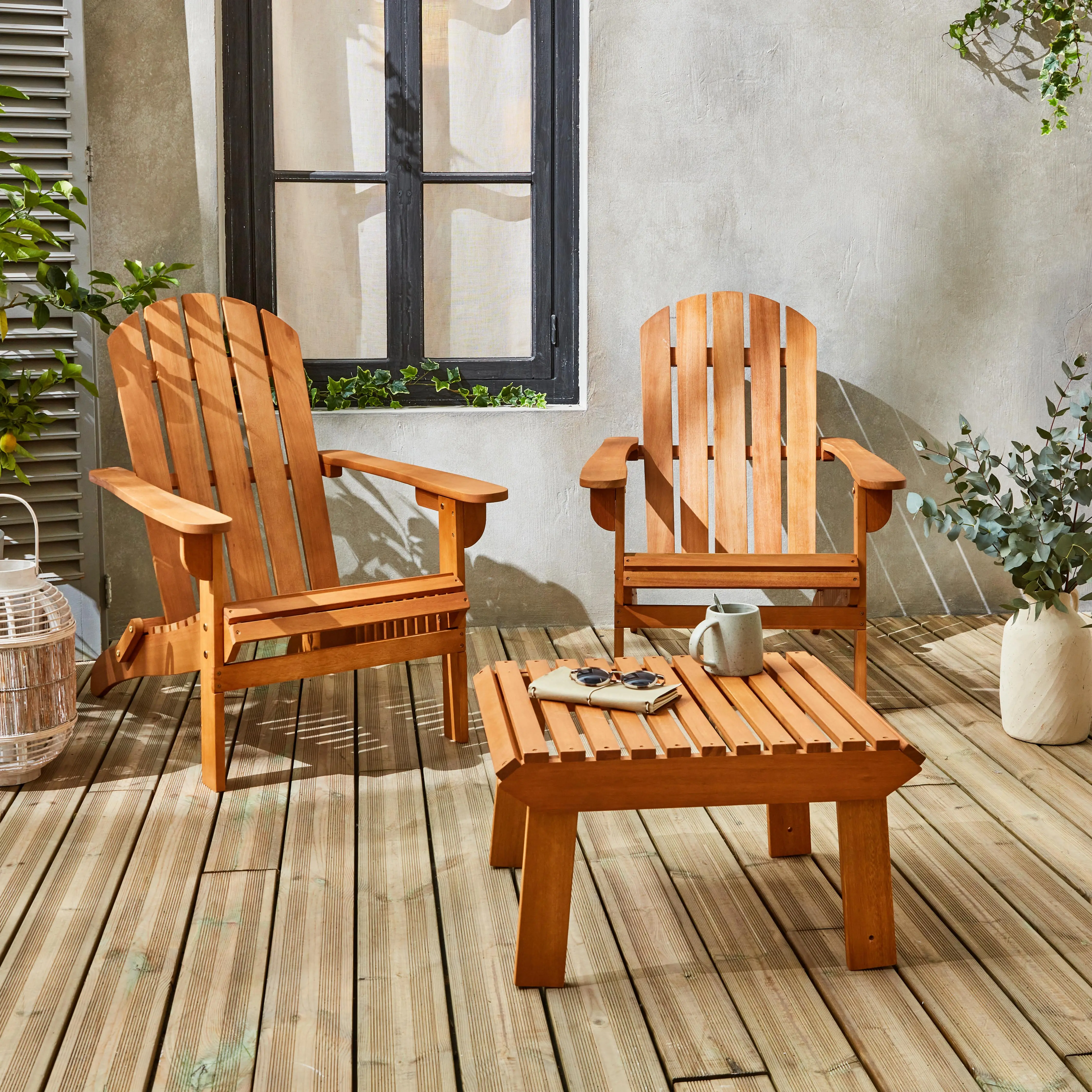 Fauteuil de jardin bois d'eucalyptus + repose-pieds (lot de 2)