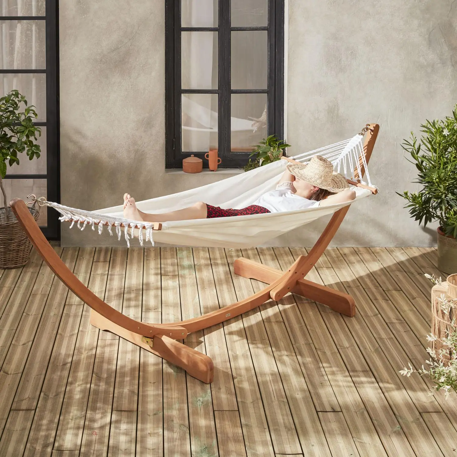Hamac sur pieds bois d'eucalyptus toile en coton