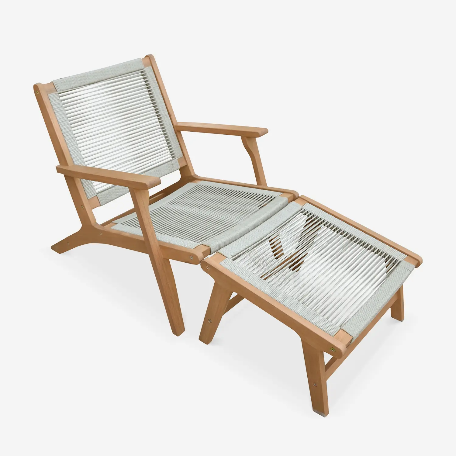 Fauteuil de jardin bois d'eucalyptus et cordes + repose pieds