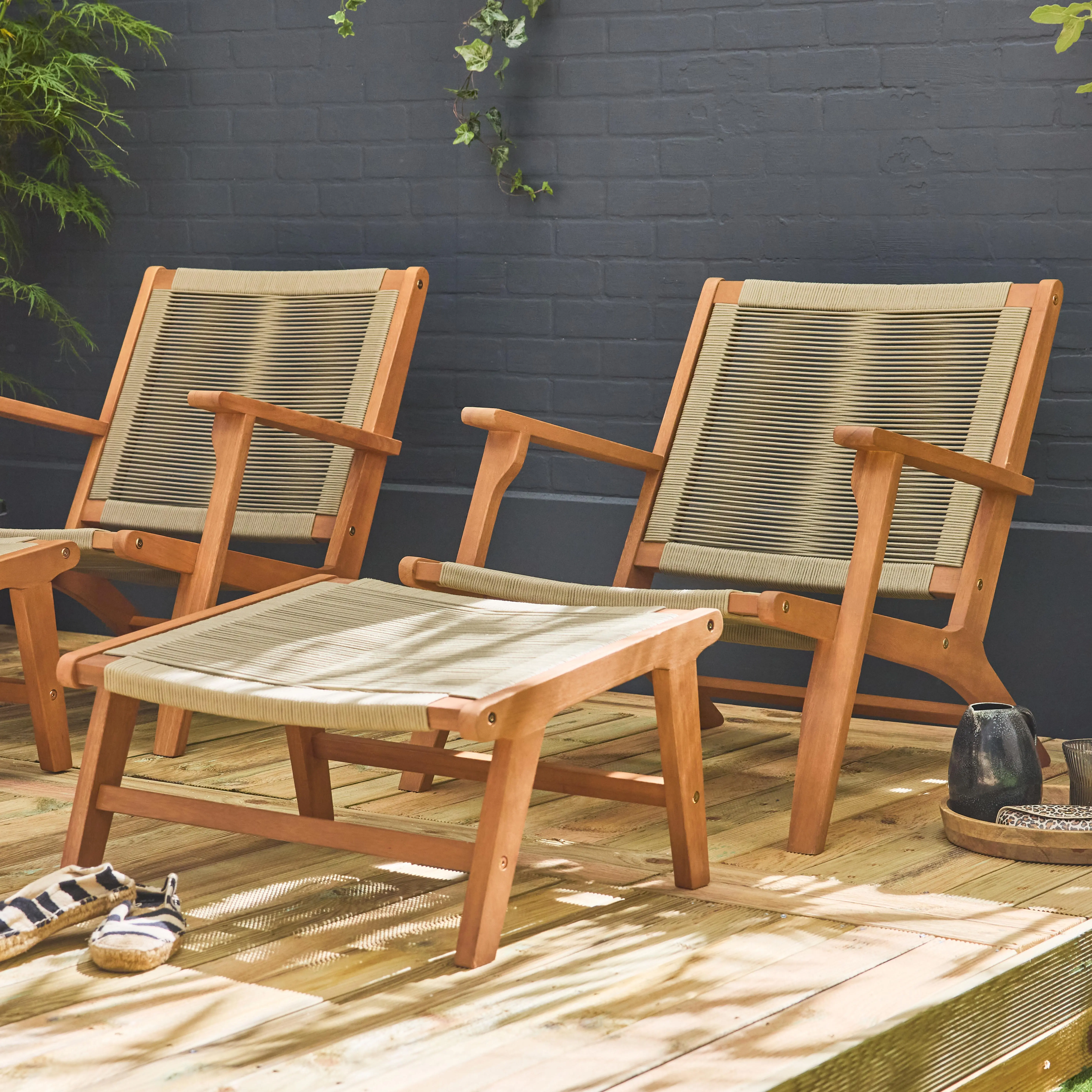 Chaise de jardin bois d'eucalyptus et cordes + repose pieds (lot de 2)