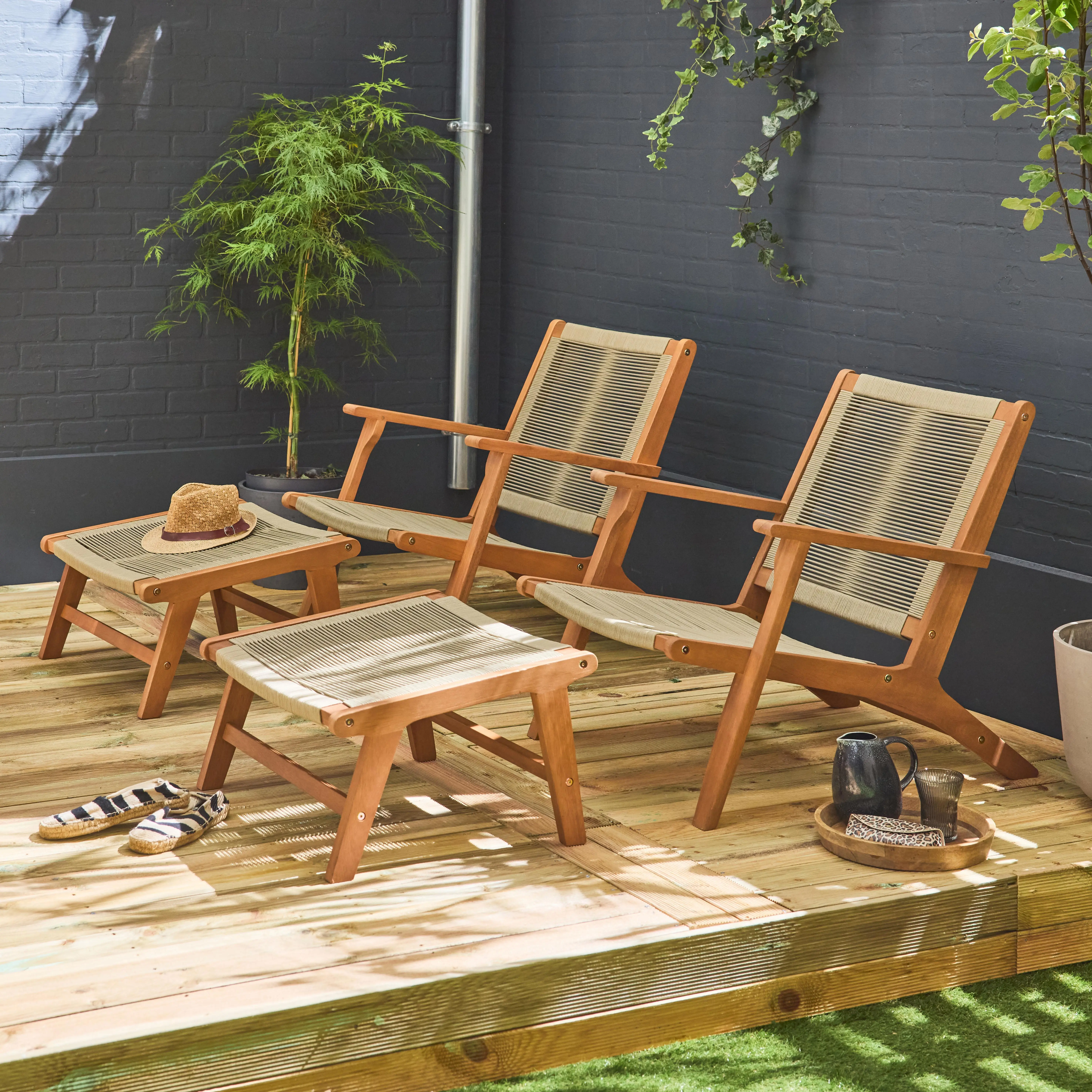 Chaise de jardin bois d'eucalyptus et cordes + repose pieds (lot de 2)