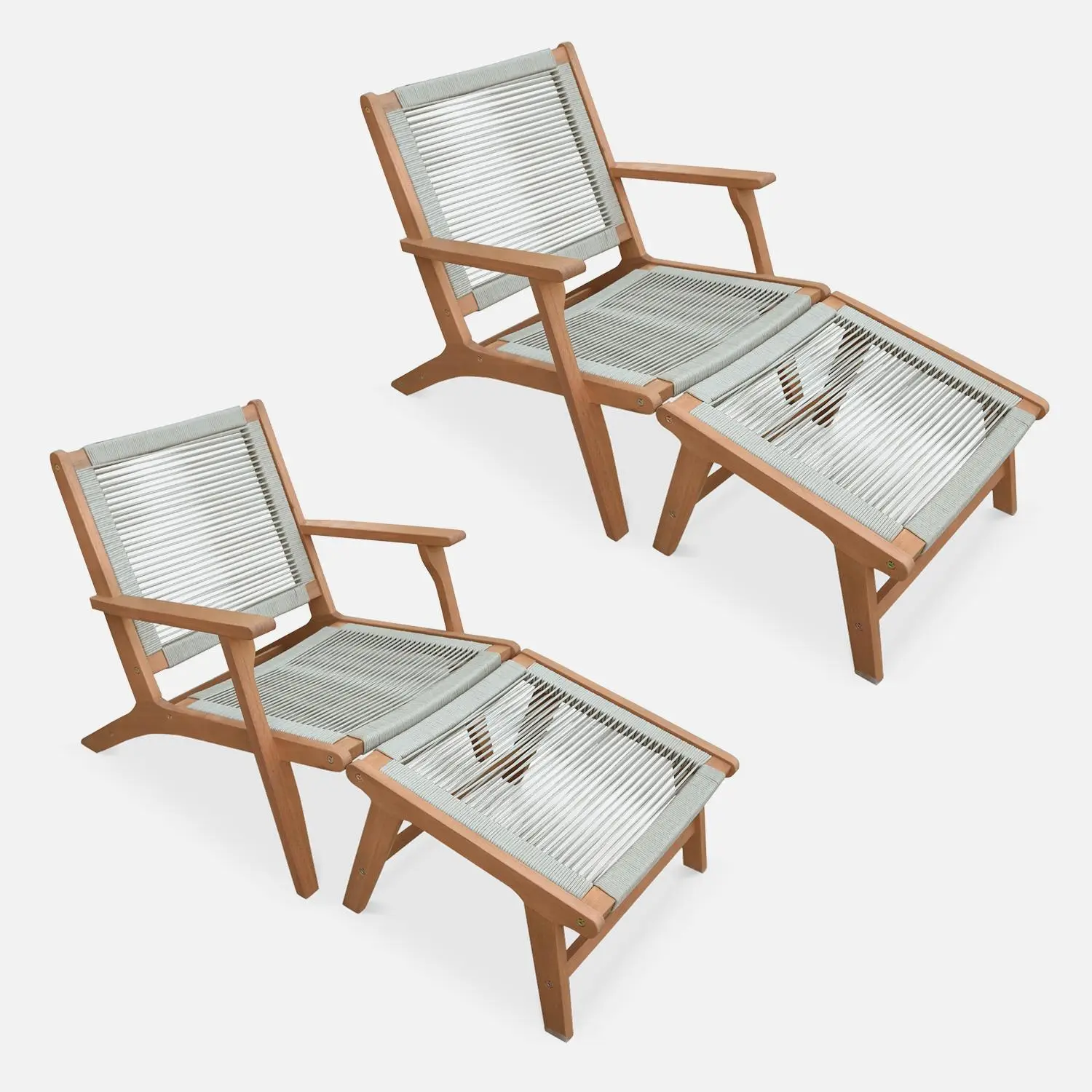 Chaise de jardin bois d'eucalyptus et cordes + repose pieds (lot de 2)