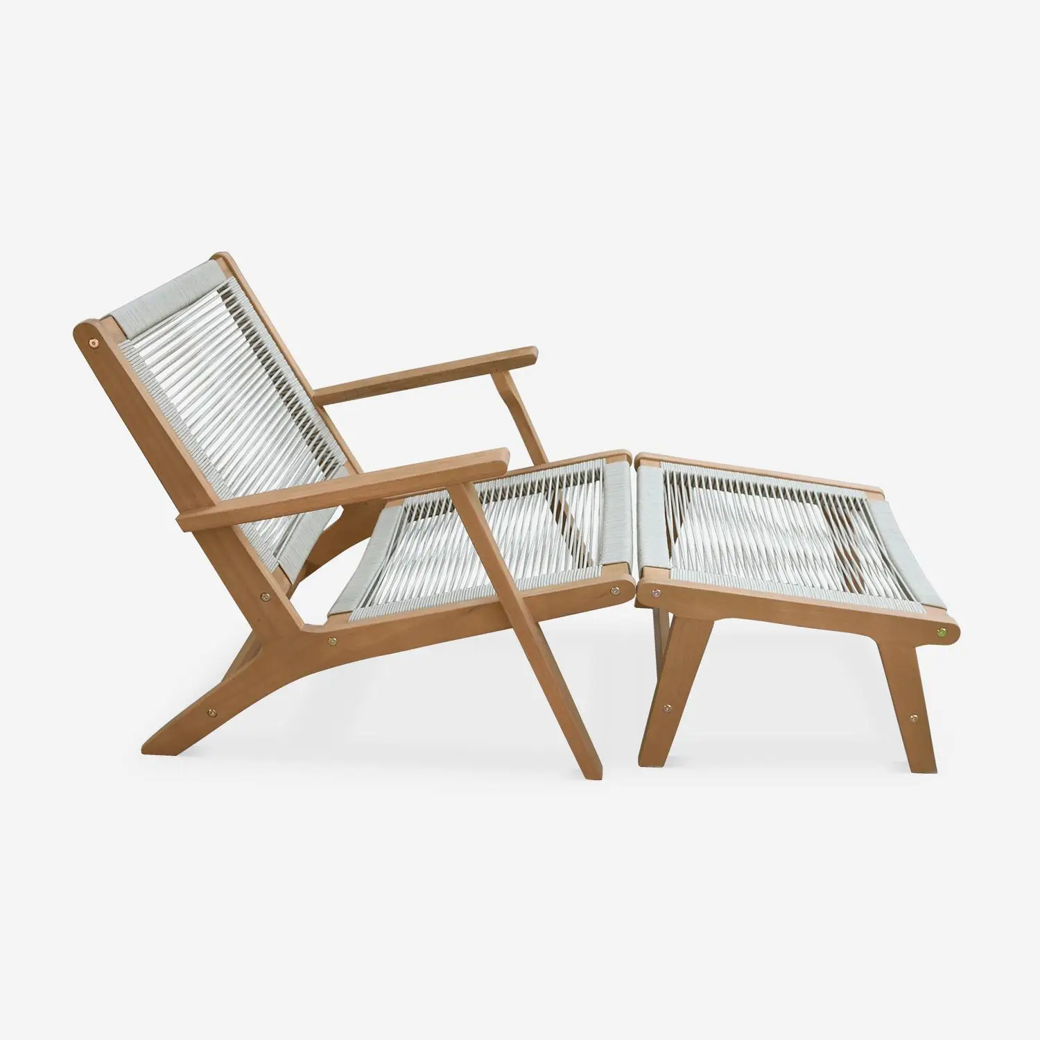 Chaise de jardin bois d'eucalyptus et cordes + repose pieds (lot de 2)