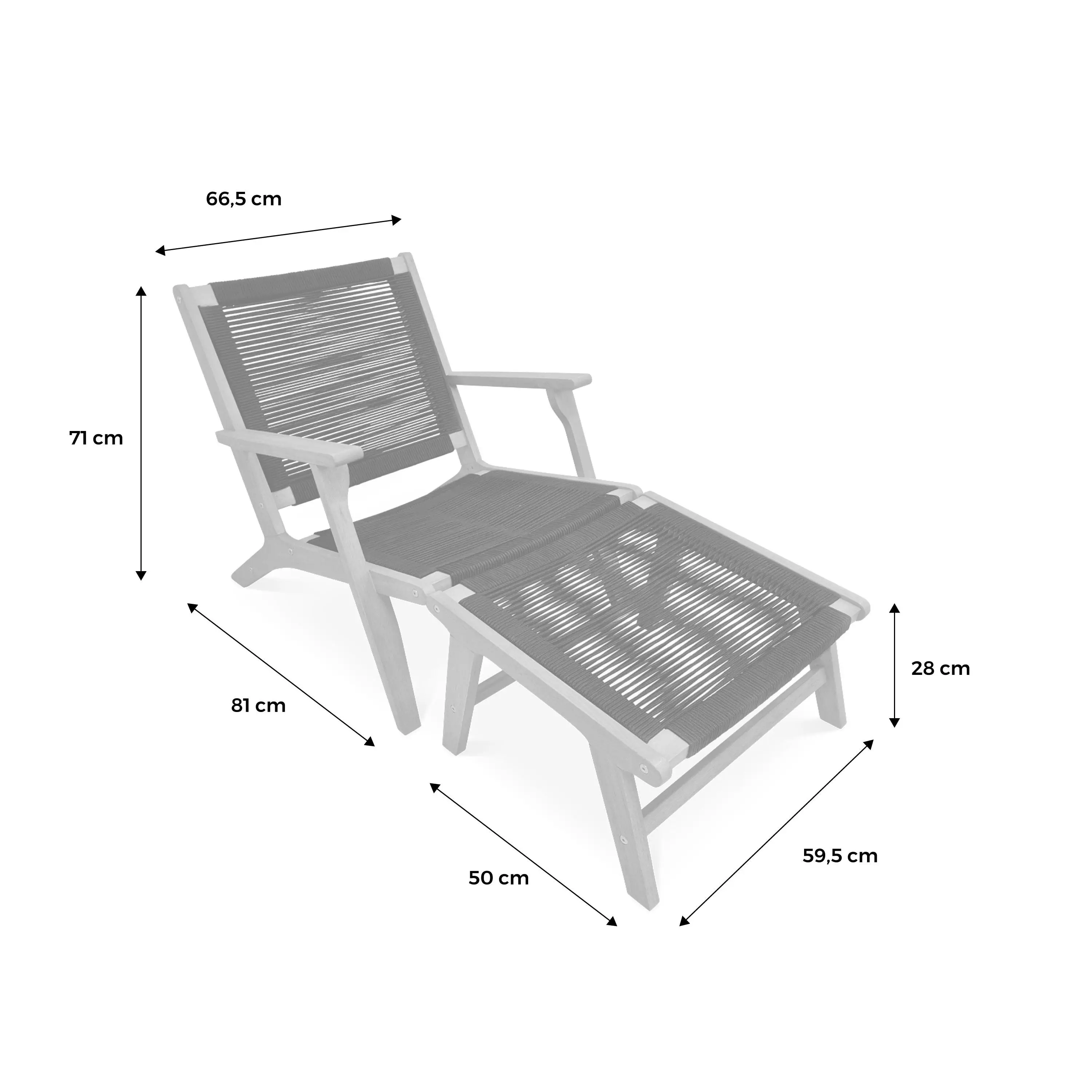 Chaise de jardin bois d'eucalyptus et cordes + repose pieds (lot de 2)