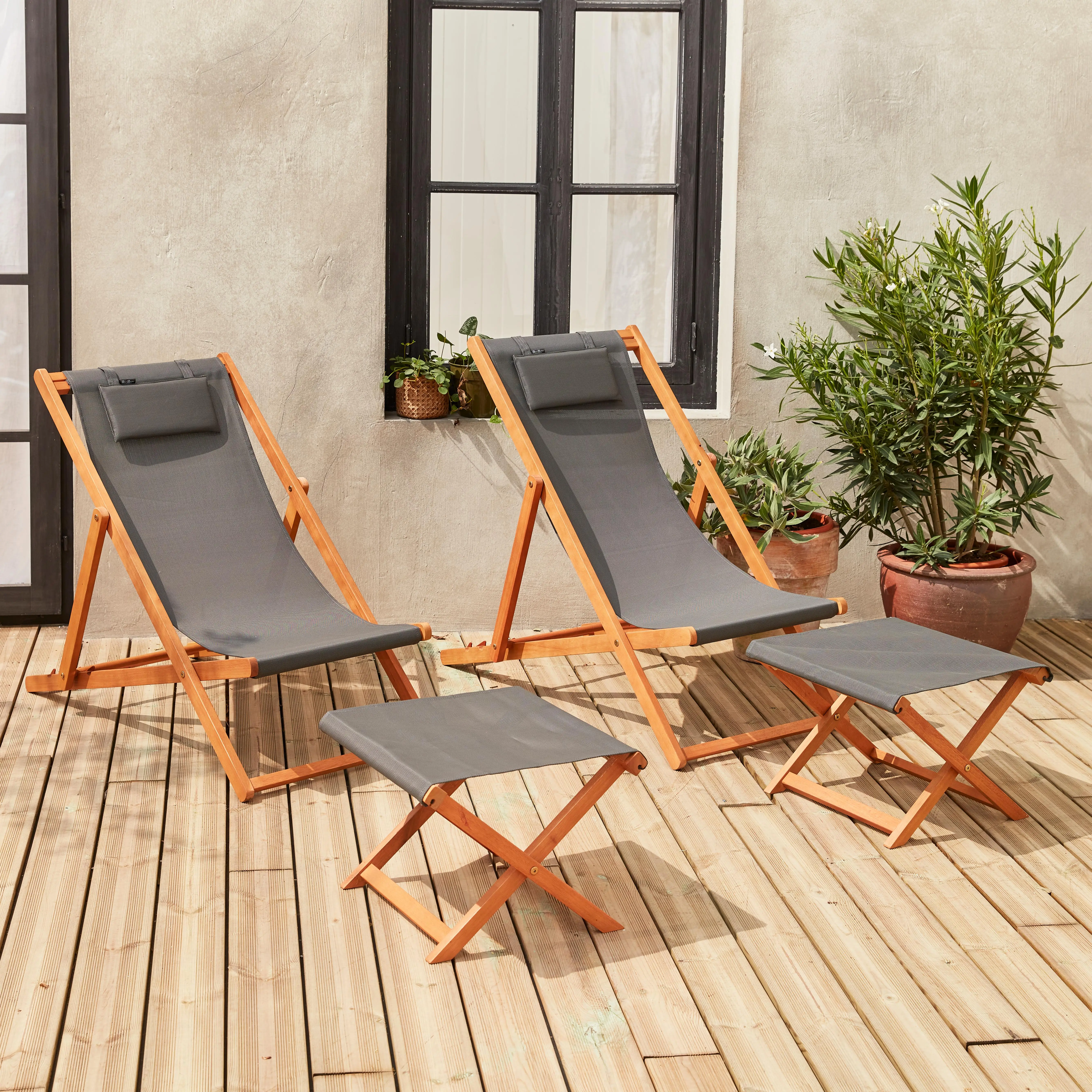 Bain de soleil et repose-pieds bois d'eucalyptus multi positions (lot de 2)