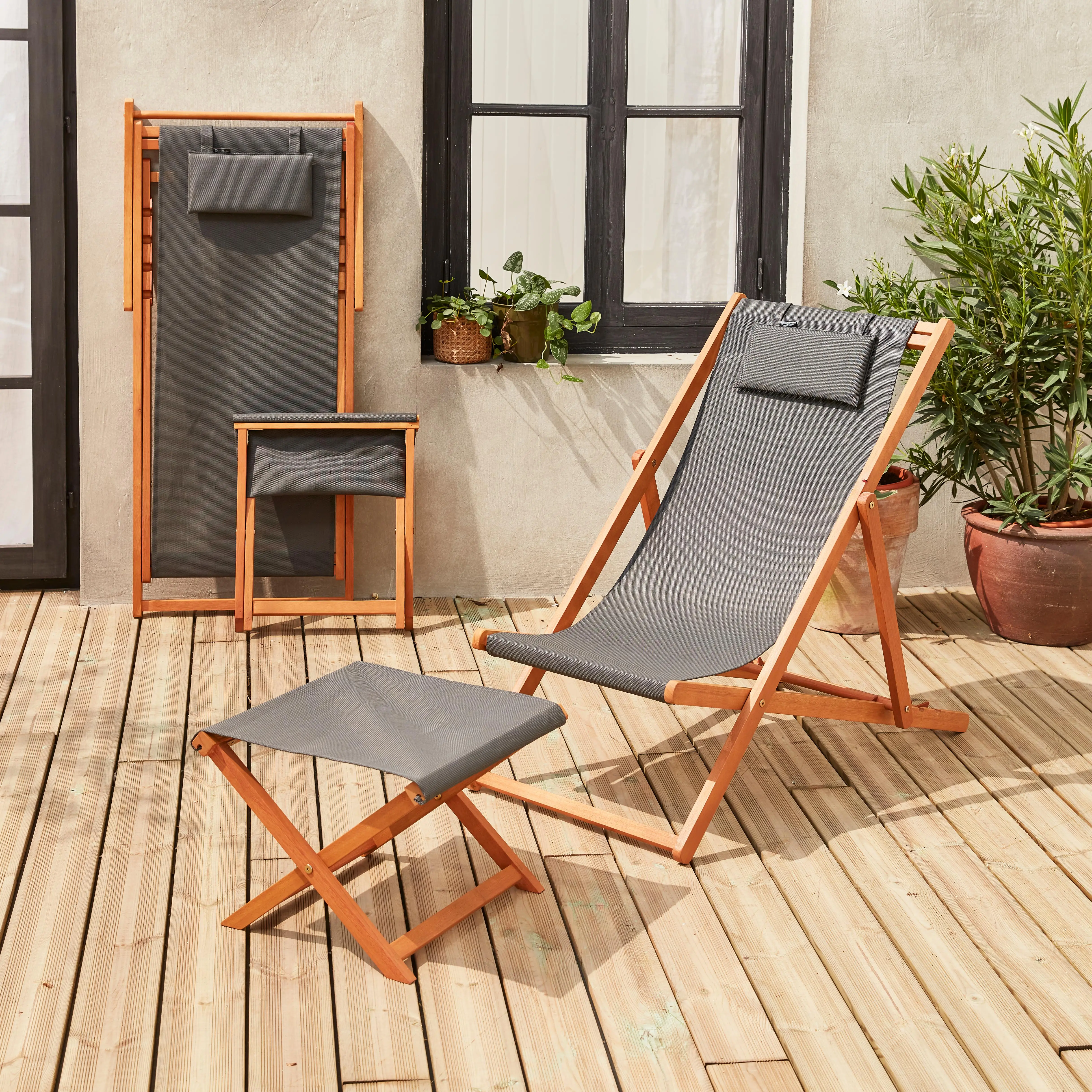 Bain de soleil et repose-pieds bois d'eucalyptus multi positions (lot de 2)