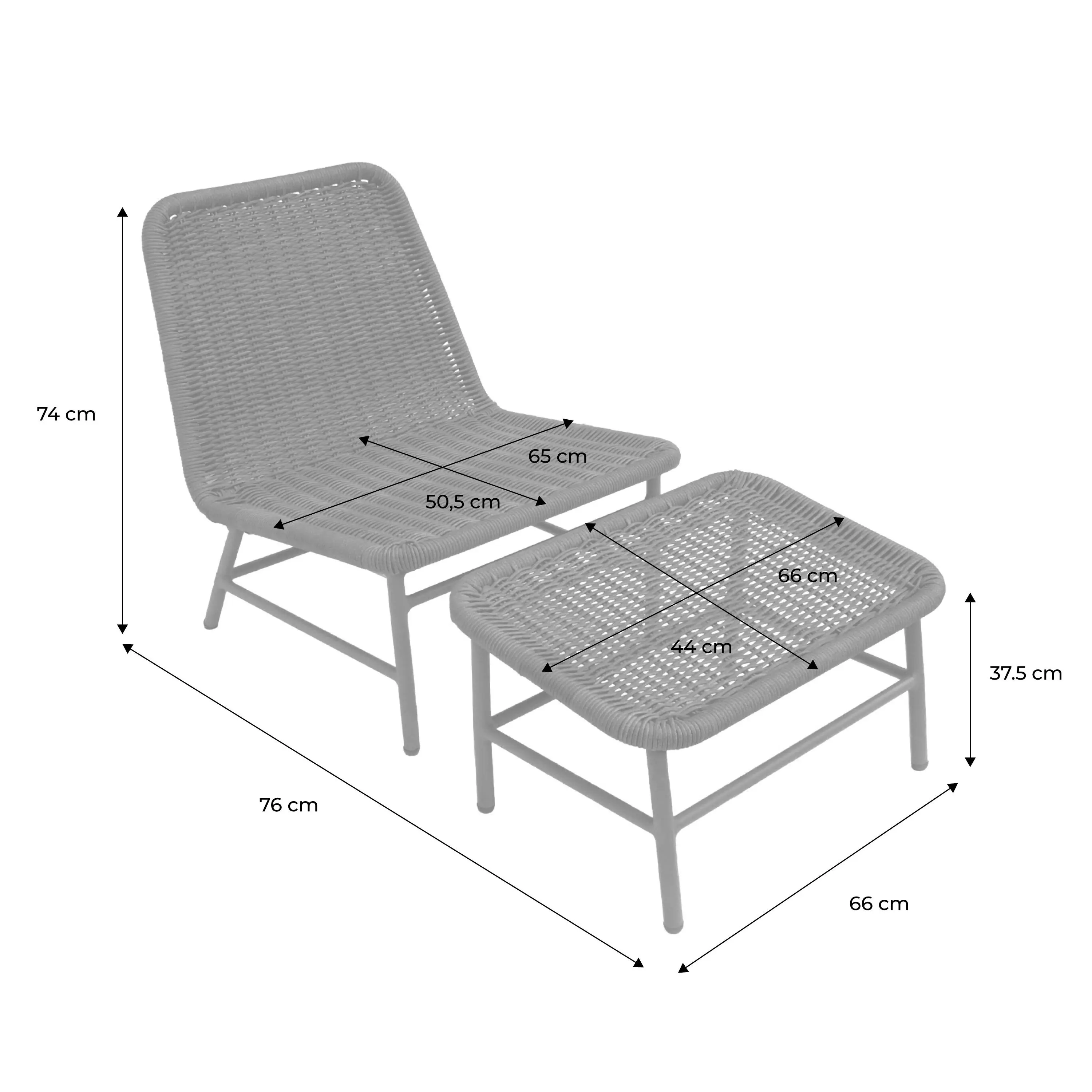 Fauteuil relax et repose pied aluminium et corde