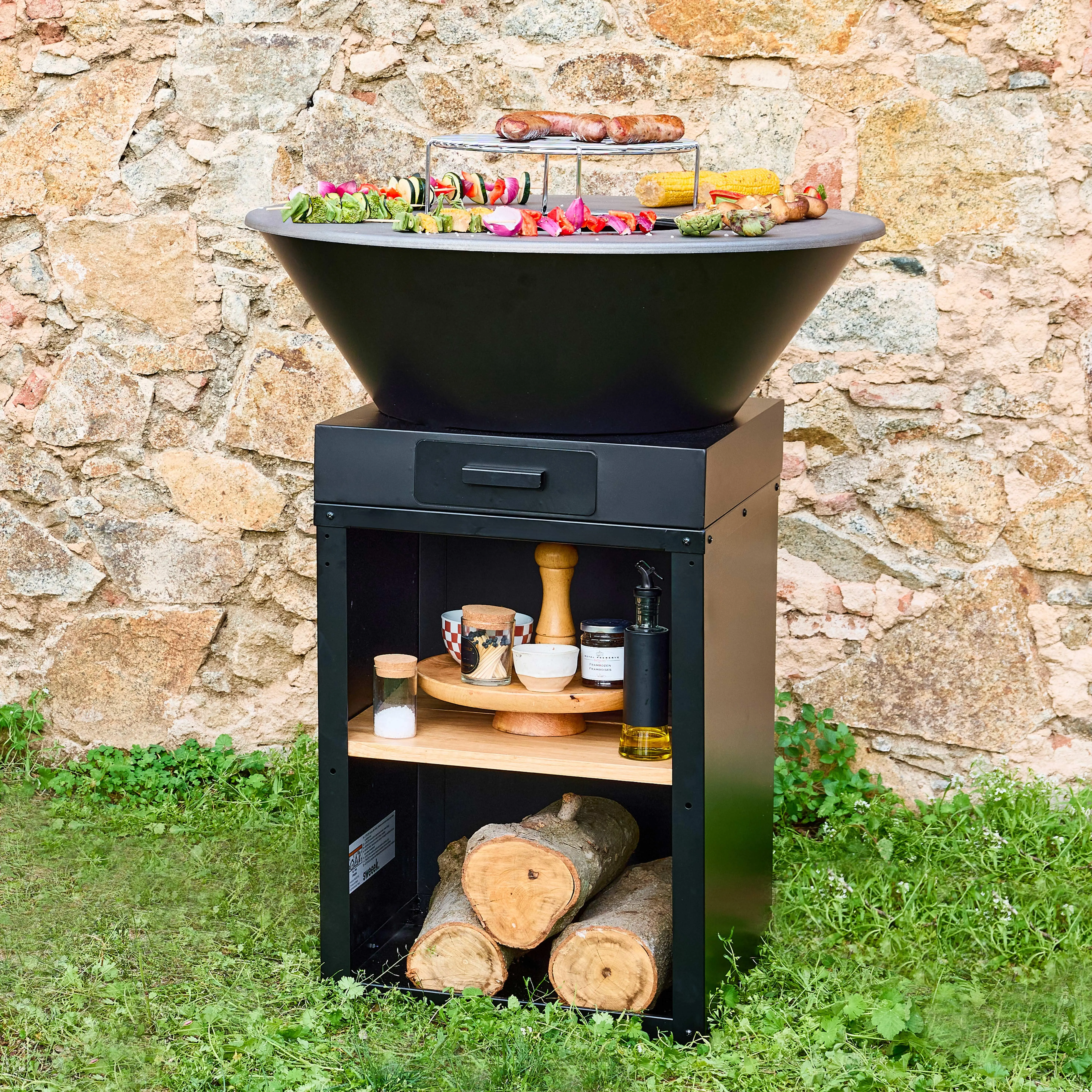Brasero barbecue Ø81,5cm avec grille de cuisson, espace de rangement et couvercle