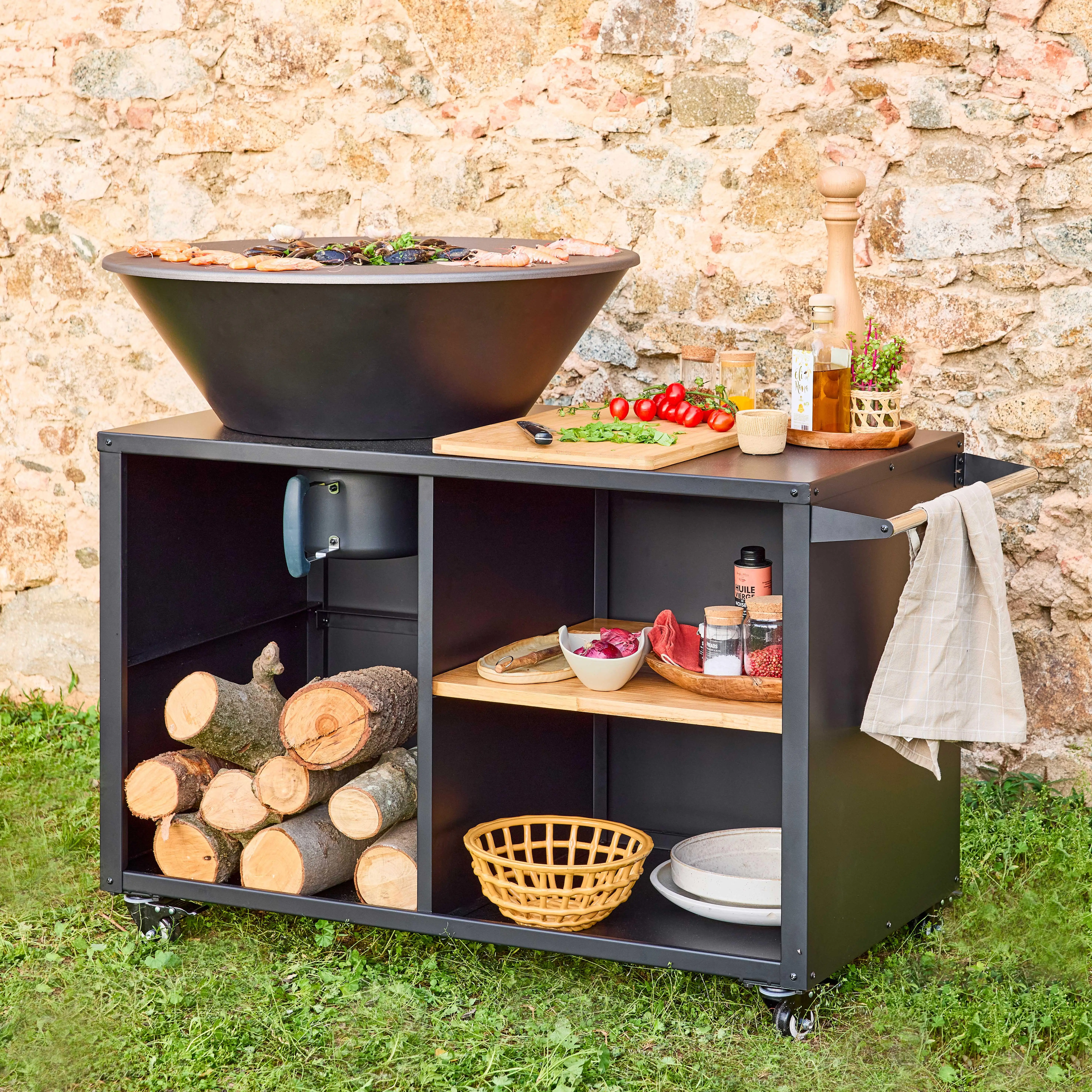 Brasero barbecue Ø80cm, desserte avec espaces de rangement