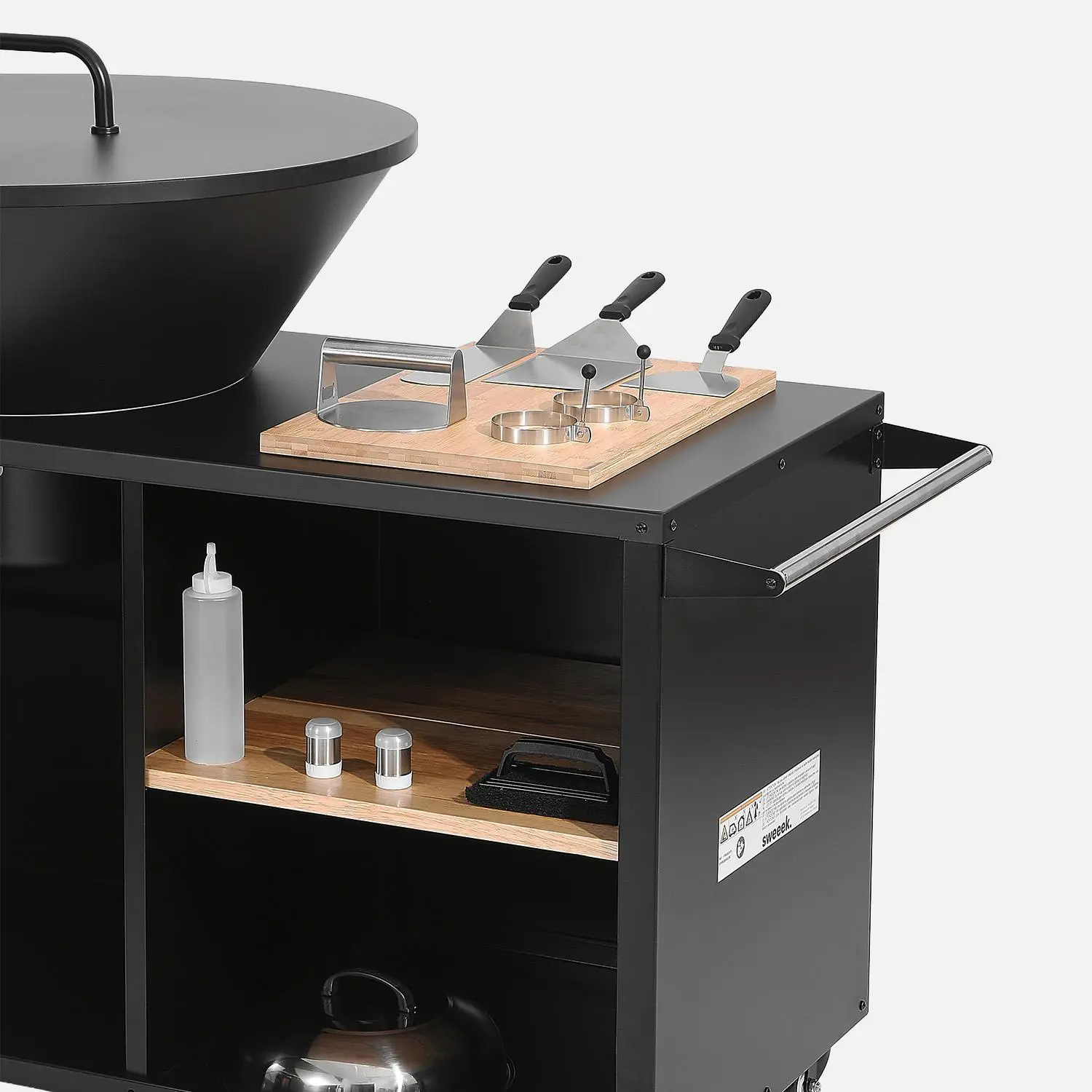 Brasero barbecue Ø80cm, desserte avec espaces de rangement, couvercle et ustensiles