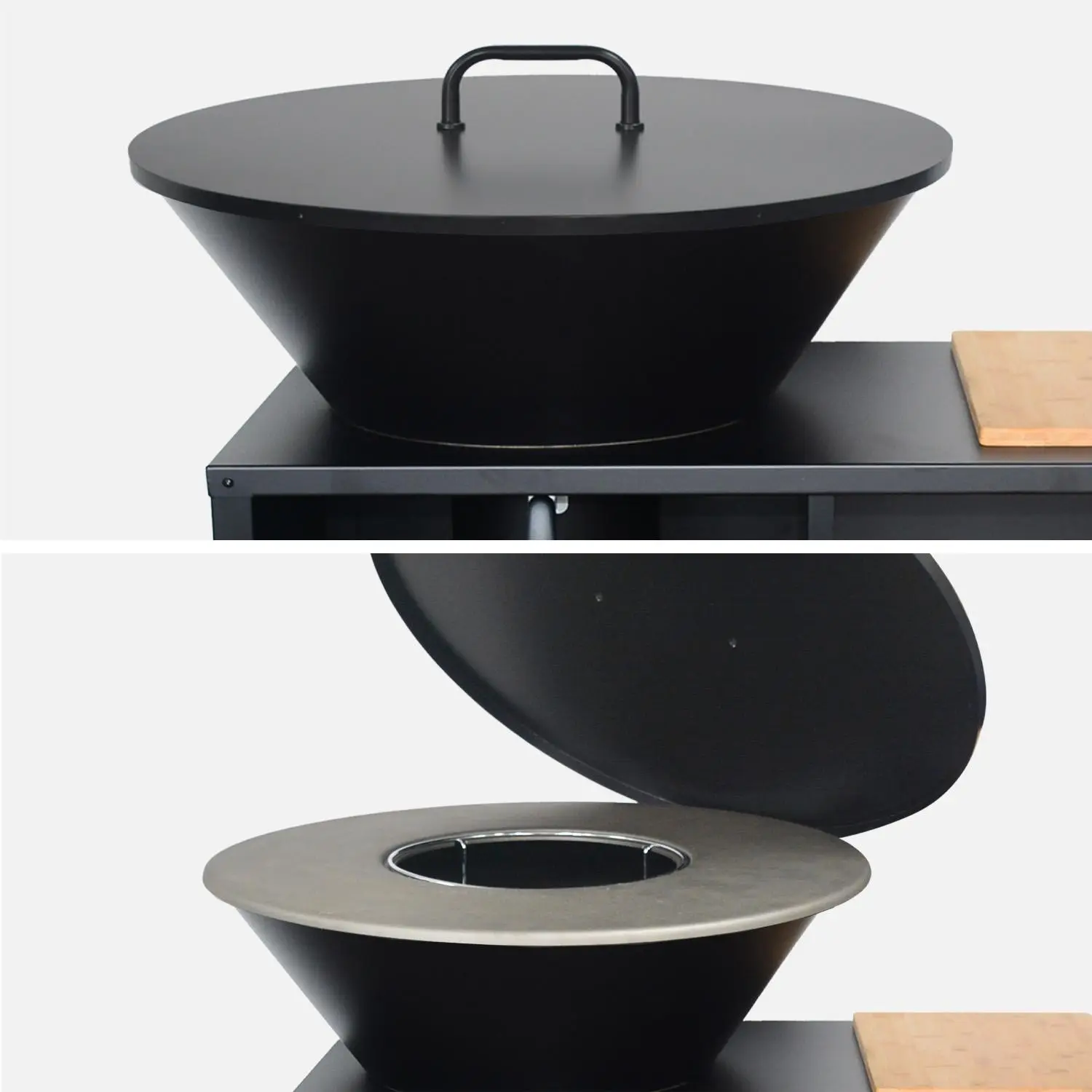 Brasero barbecue Ø80cm, desserte avec espaces de rangement, couvercle et ustensiles