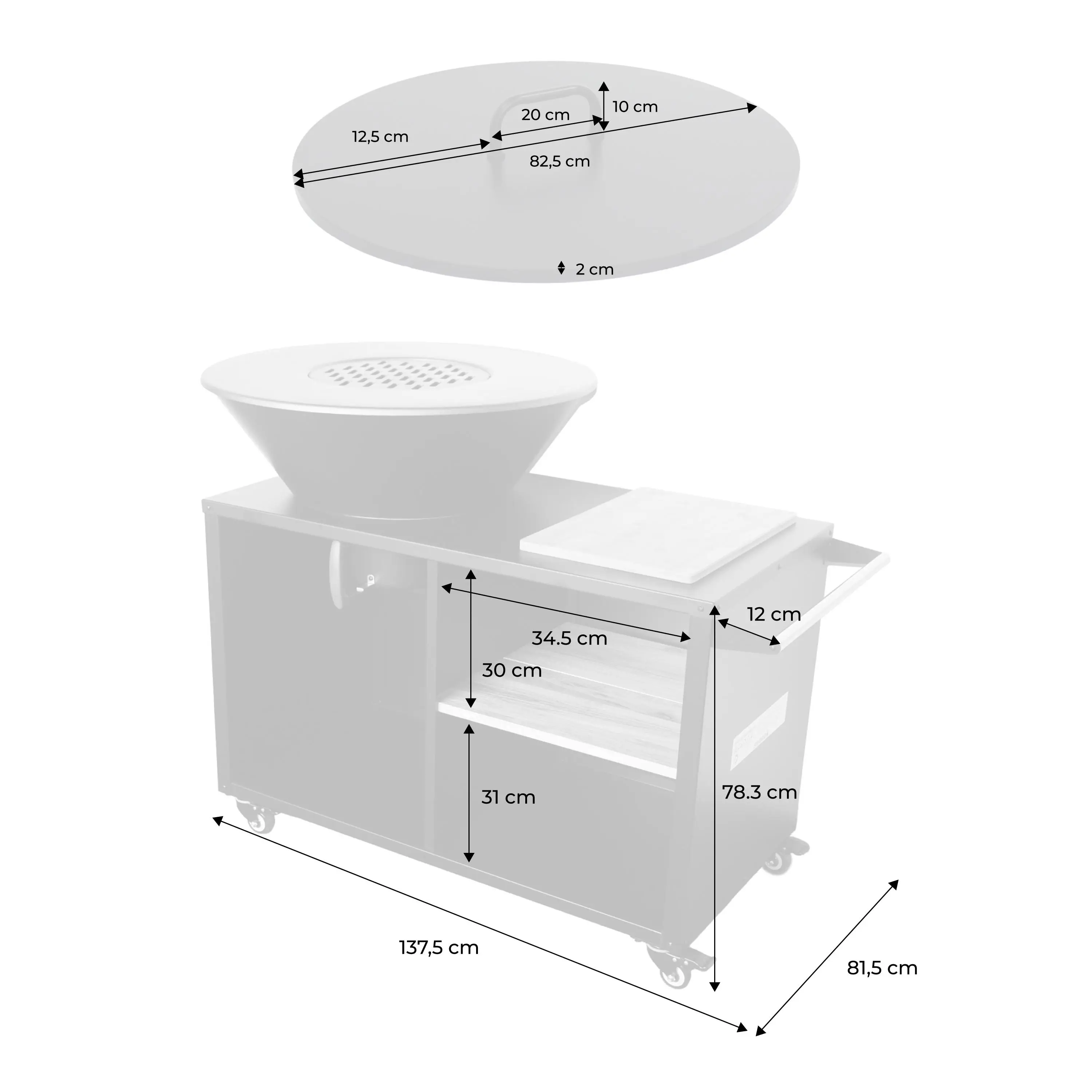 Brasero barbecue Ø80cm, desserte avec espaces de rangement, couvercle et ustensiles