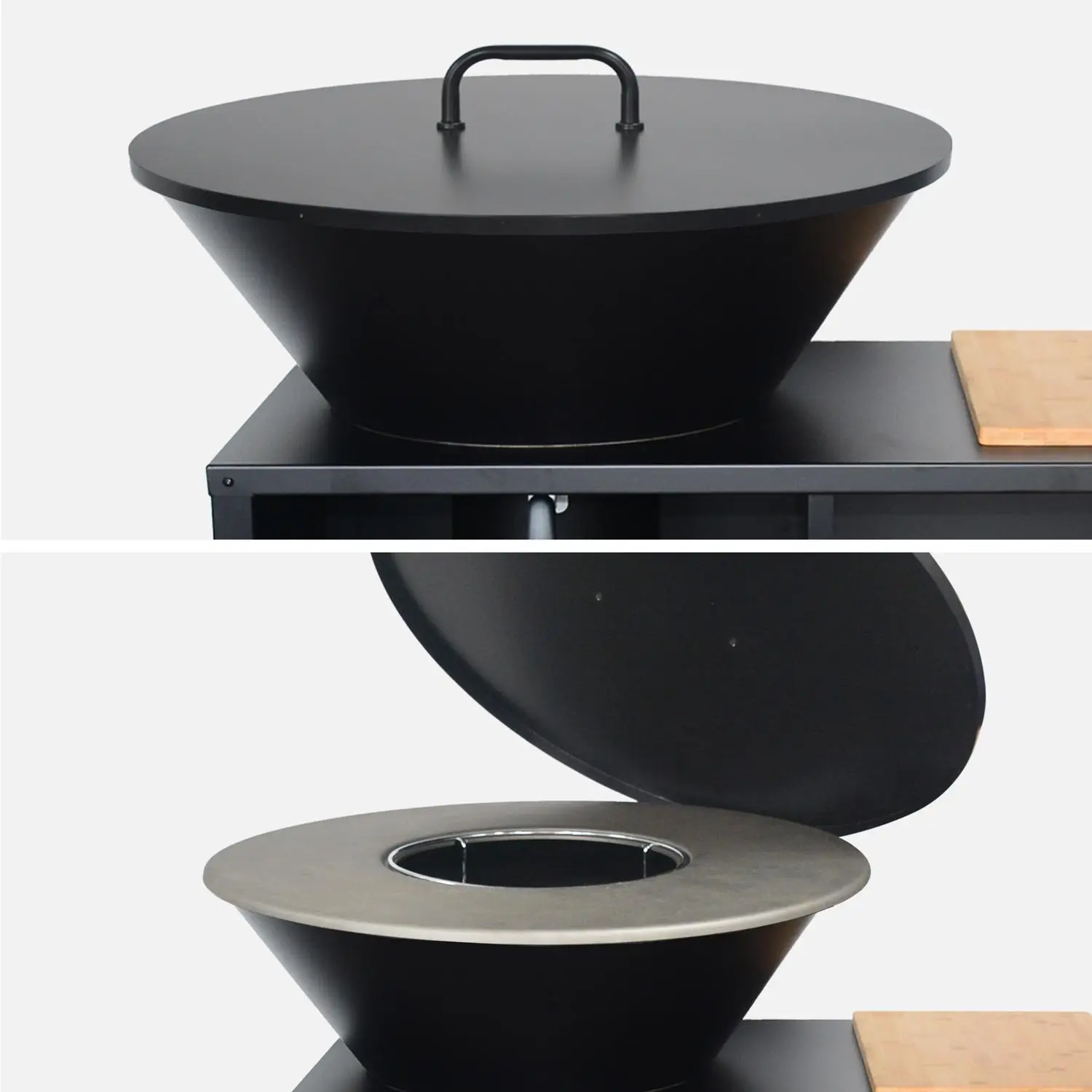 Brasero barbecue Ø80cm, desserte avec espaces de rangement et couvercle
