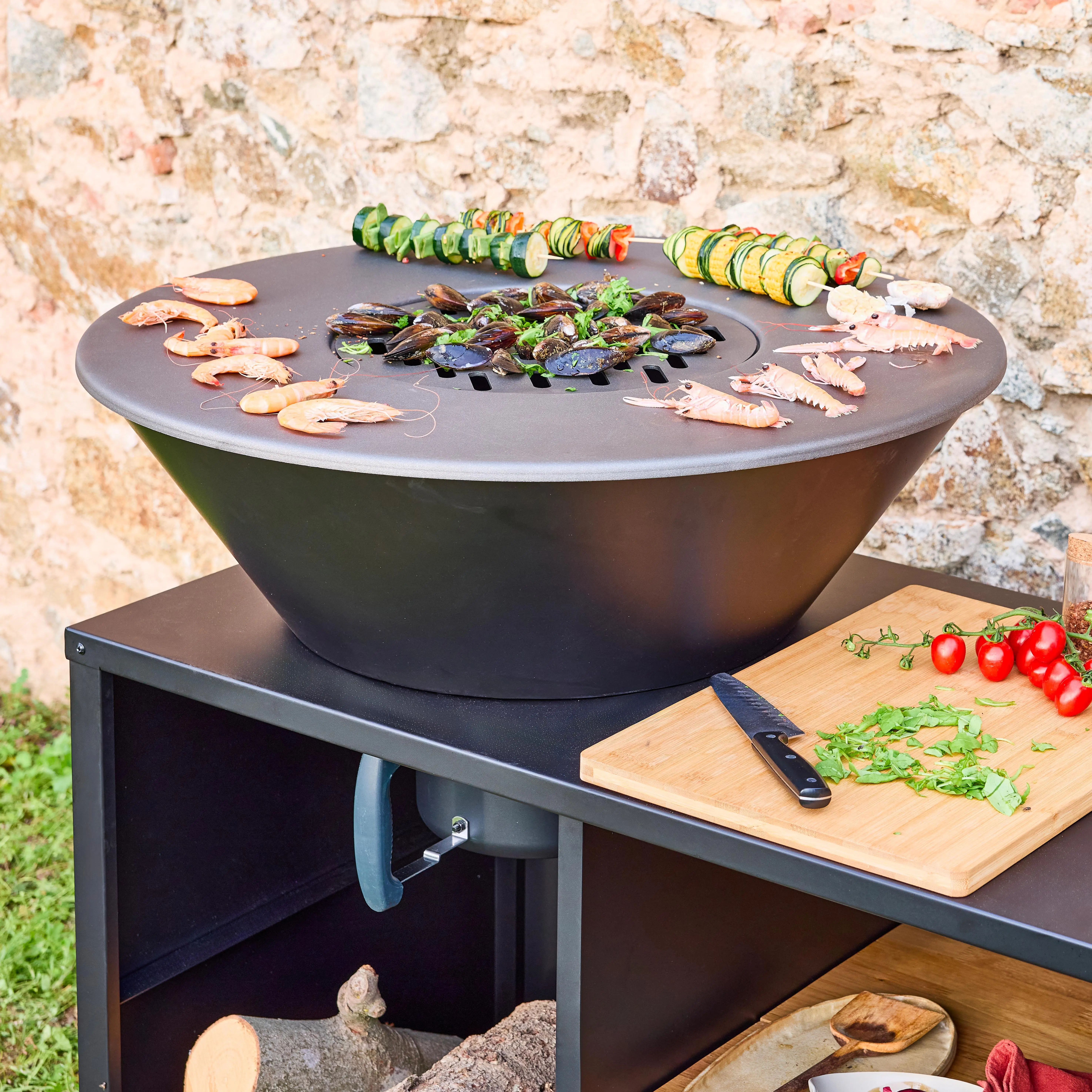Brasero barbecue Ø80cm desserte avec espaces de rangement housse de protection