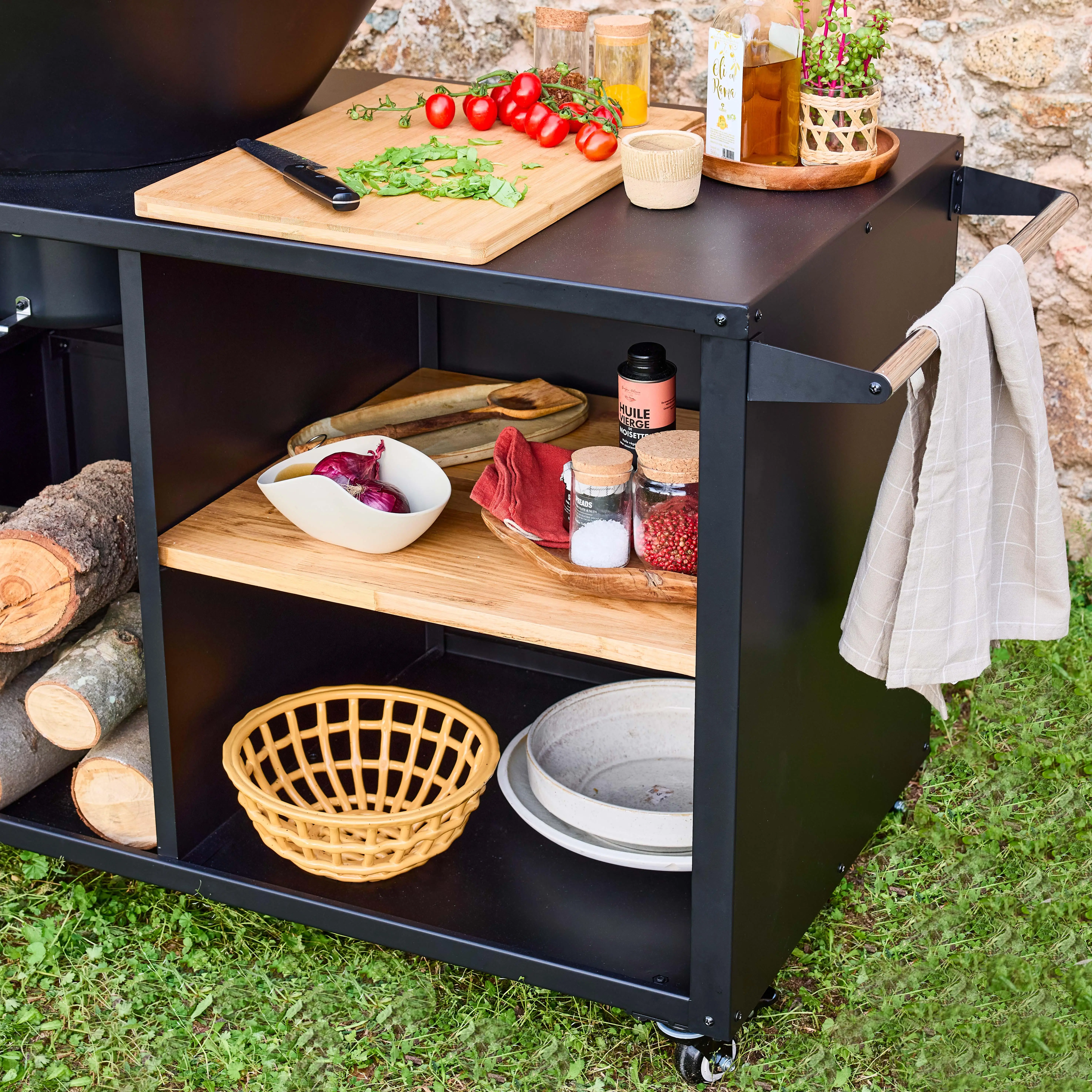 Brasero barbecue Ø80cm desserte avec espaces de rangement housse de protection
