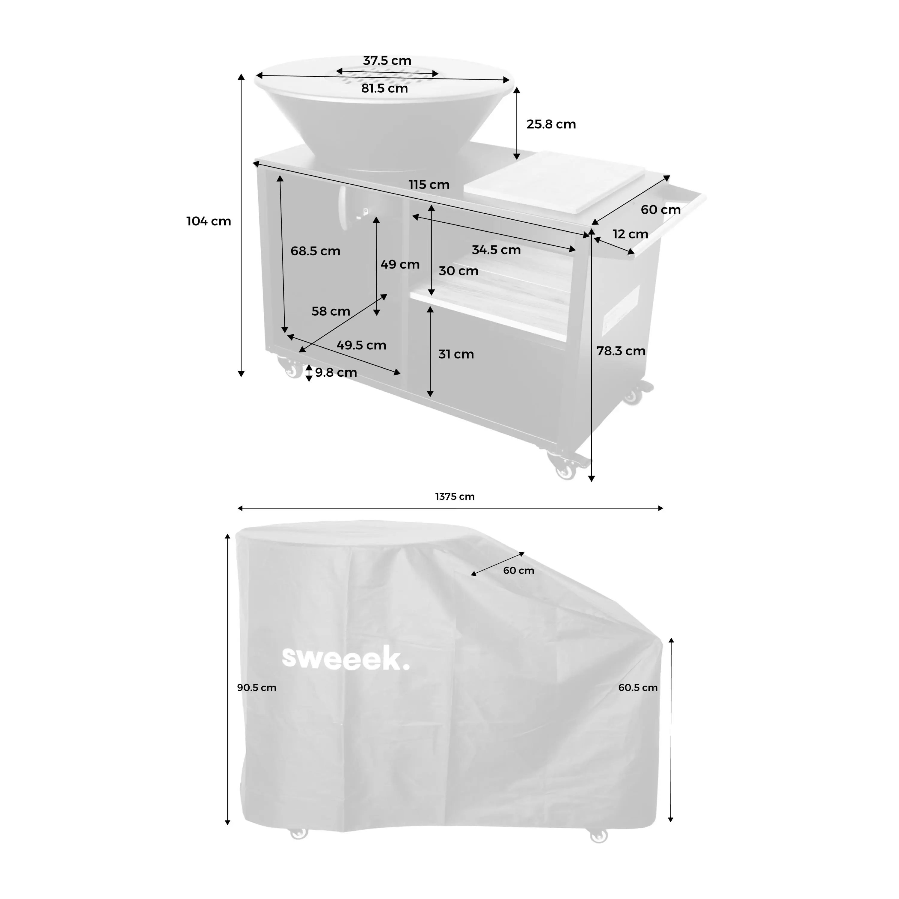 Brasero barbecue Ø80cm desserte avec espaces de rangement housse de protection