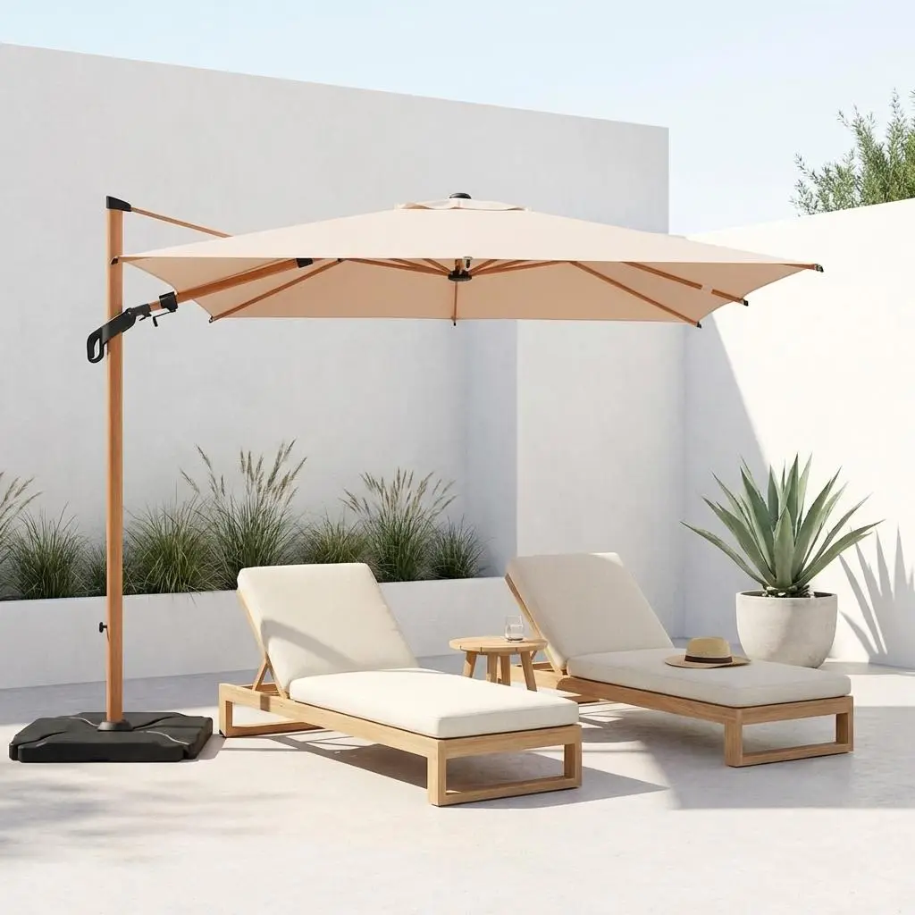 Parasol déporté carré 3x3m, mât effet bois + dalles à lester 50x50cm