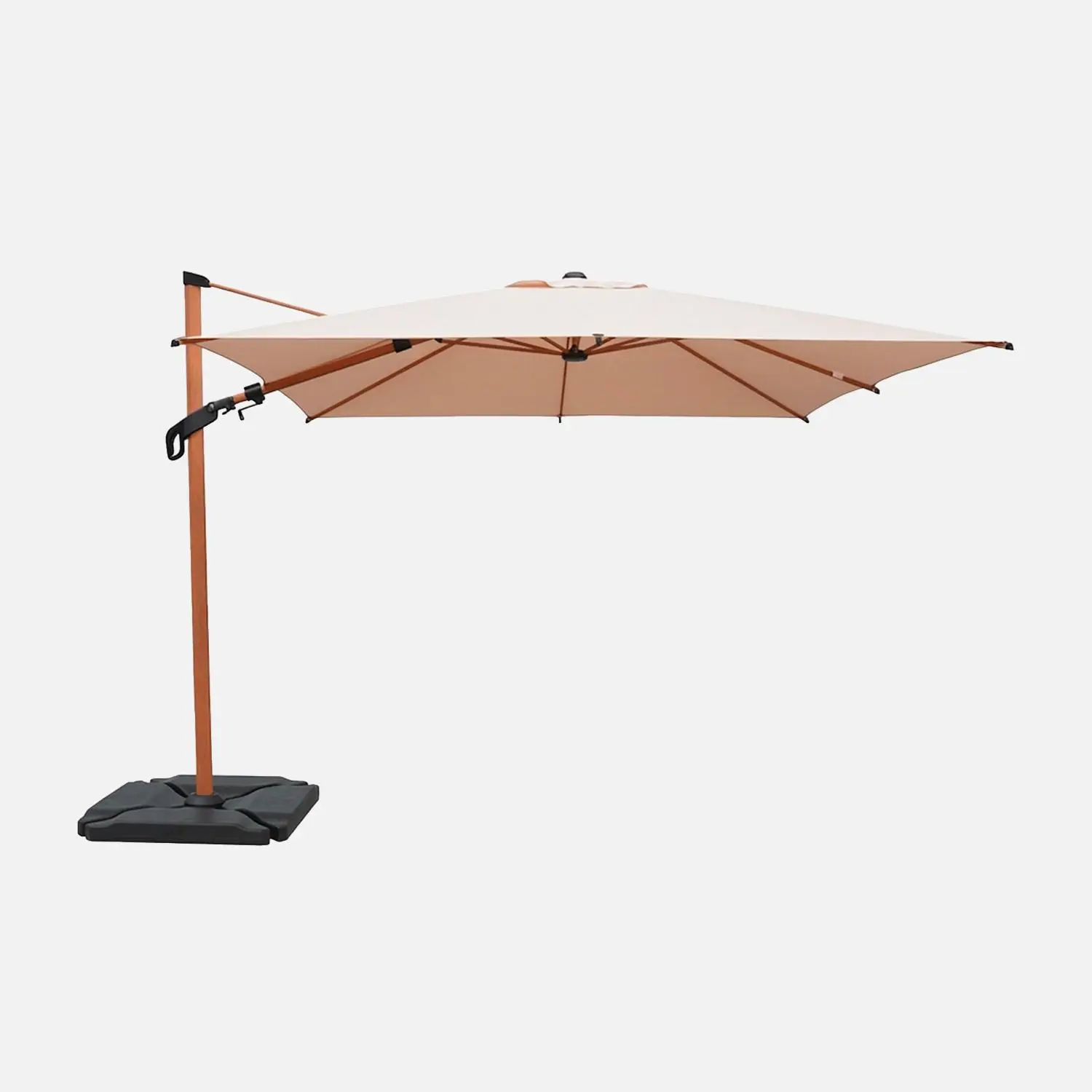 Parasol déporté carré 3x3m, mât effet bois + dalles à lester 50x50cm