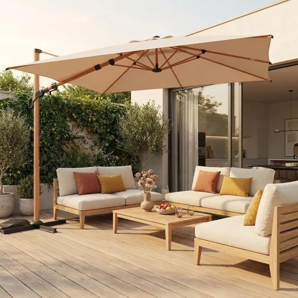Parasol déporté carré 3x3m, mât effet bois