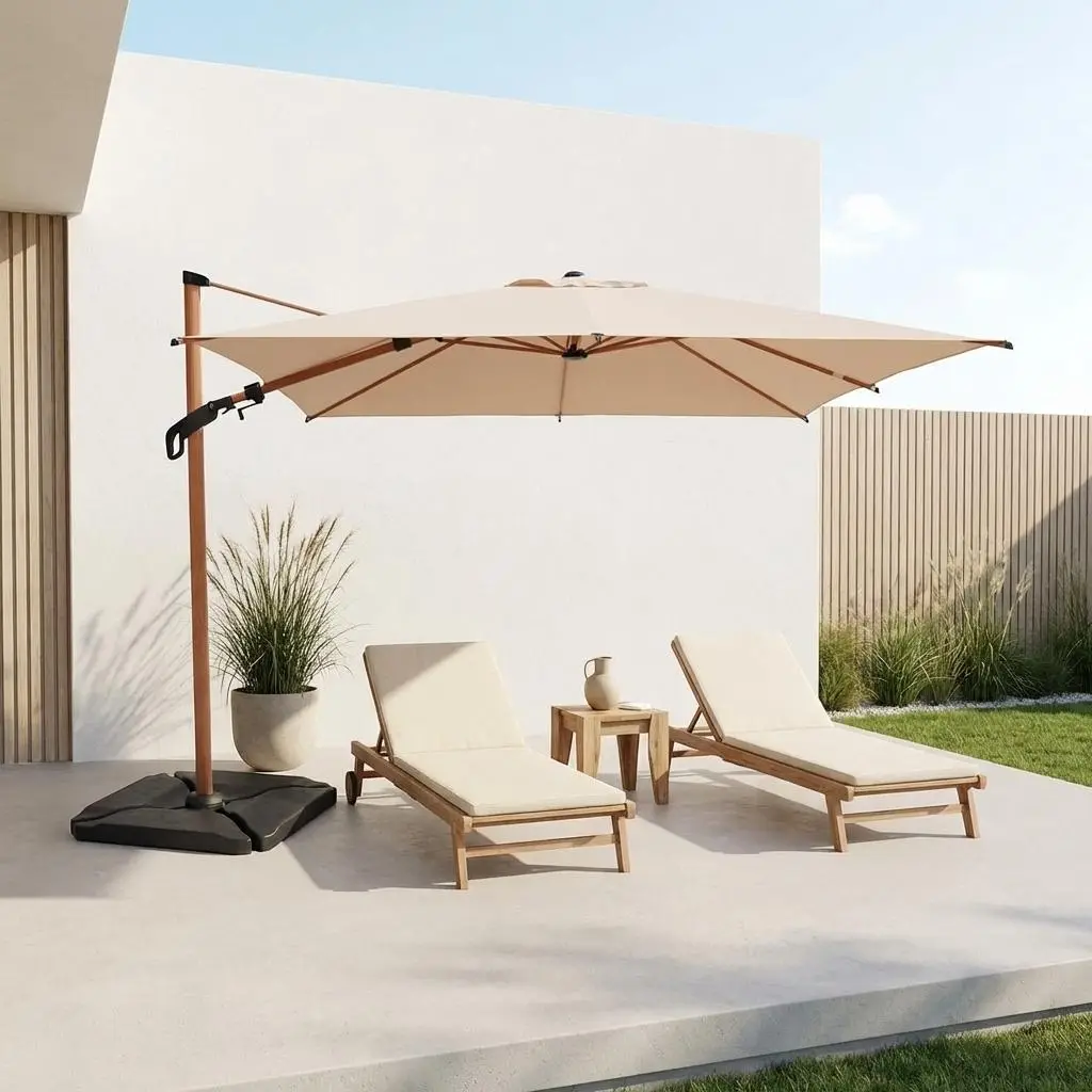 Parasol déporté rectangulaire 3x4m, mât effet bois + dalles à lester 50x50cm