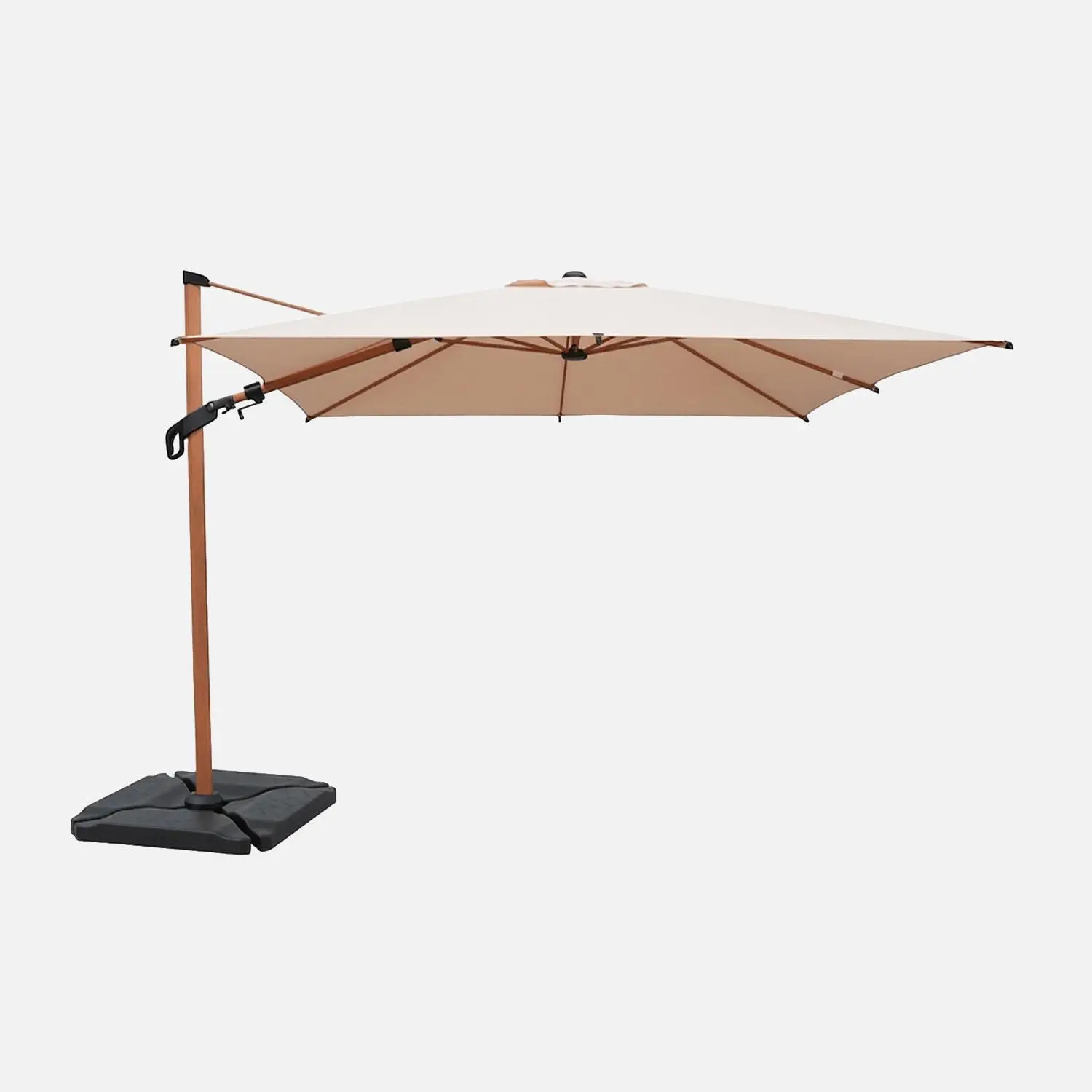 Parasol déporté rectangulaire 3x4m, mât effet bois + dalles à lester 50x50cm