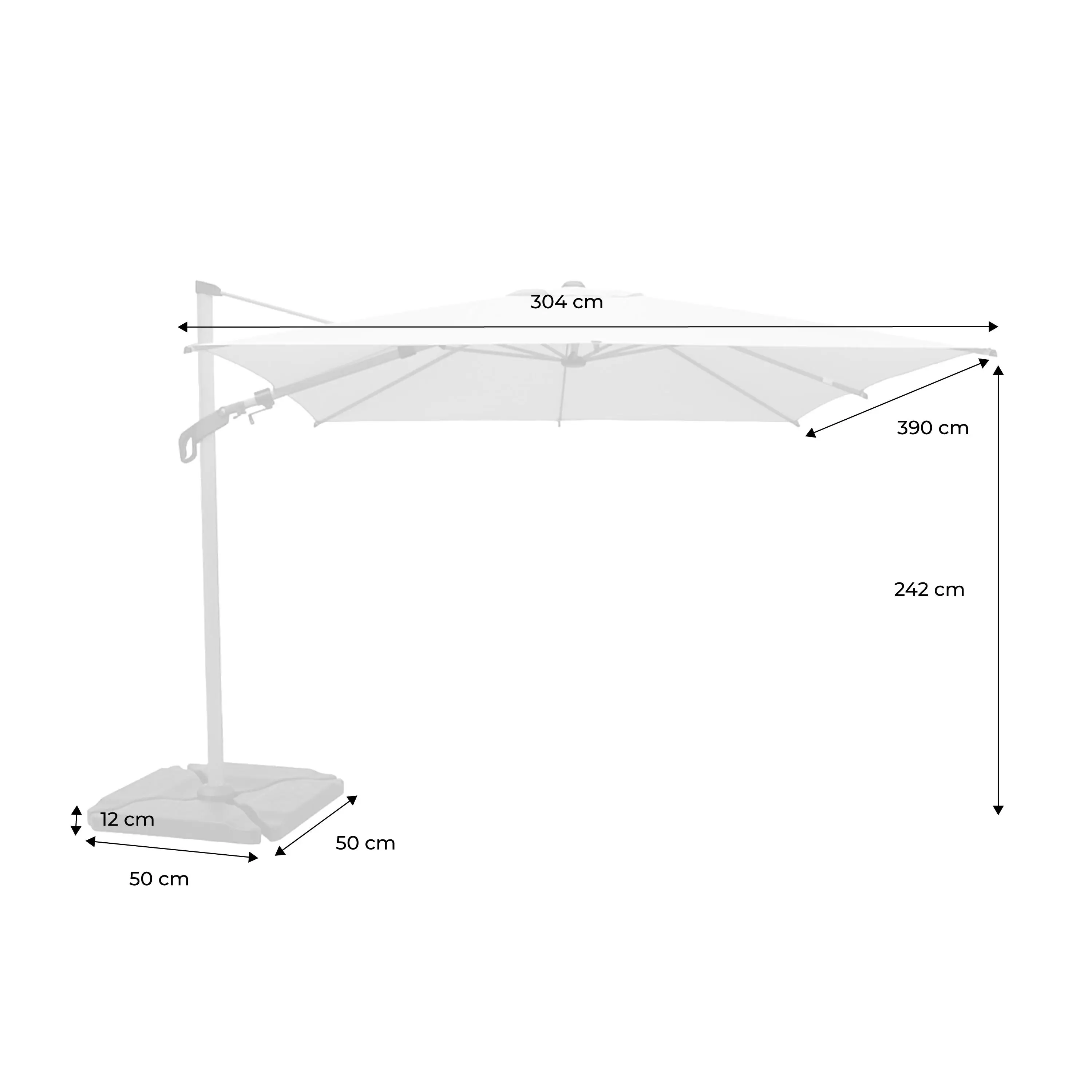 Parasol déporté rectangulaire 3x4m, mât effet bois + dalles à lester 50x50cm