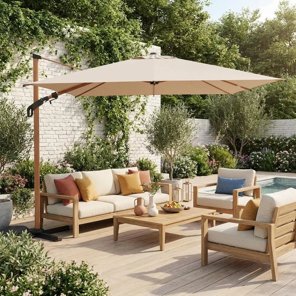 Parasol déporté rectangulaire 3x4m, mât effet bois