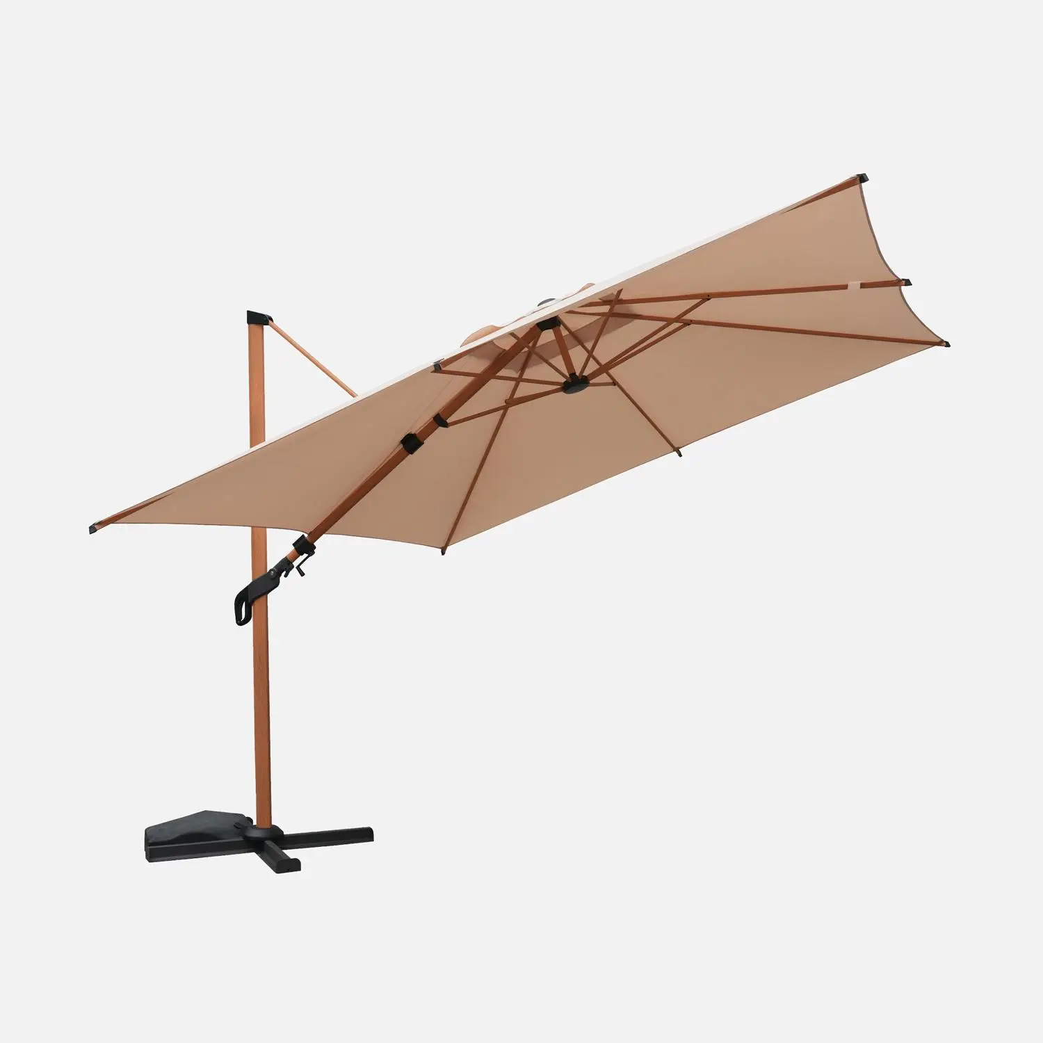 Parasol déporté rectangulaire 3x4m, mât effet bois