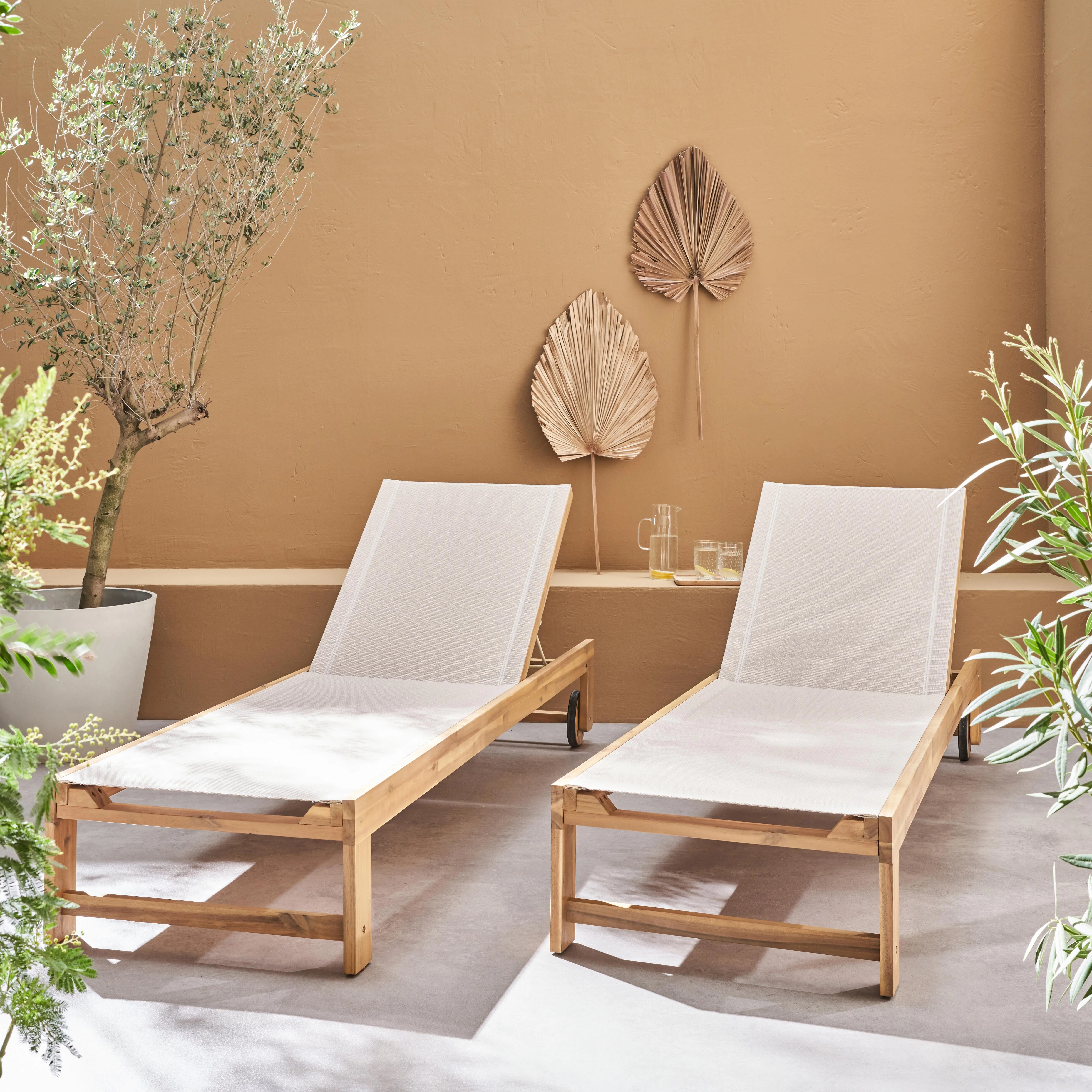Bain de soleil bois d'acacia multi positions avec roulettes (lot de 2)