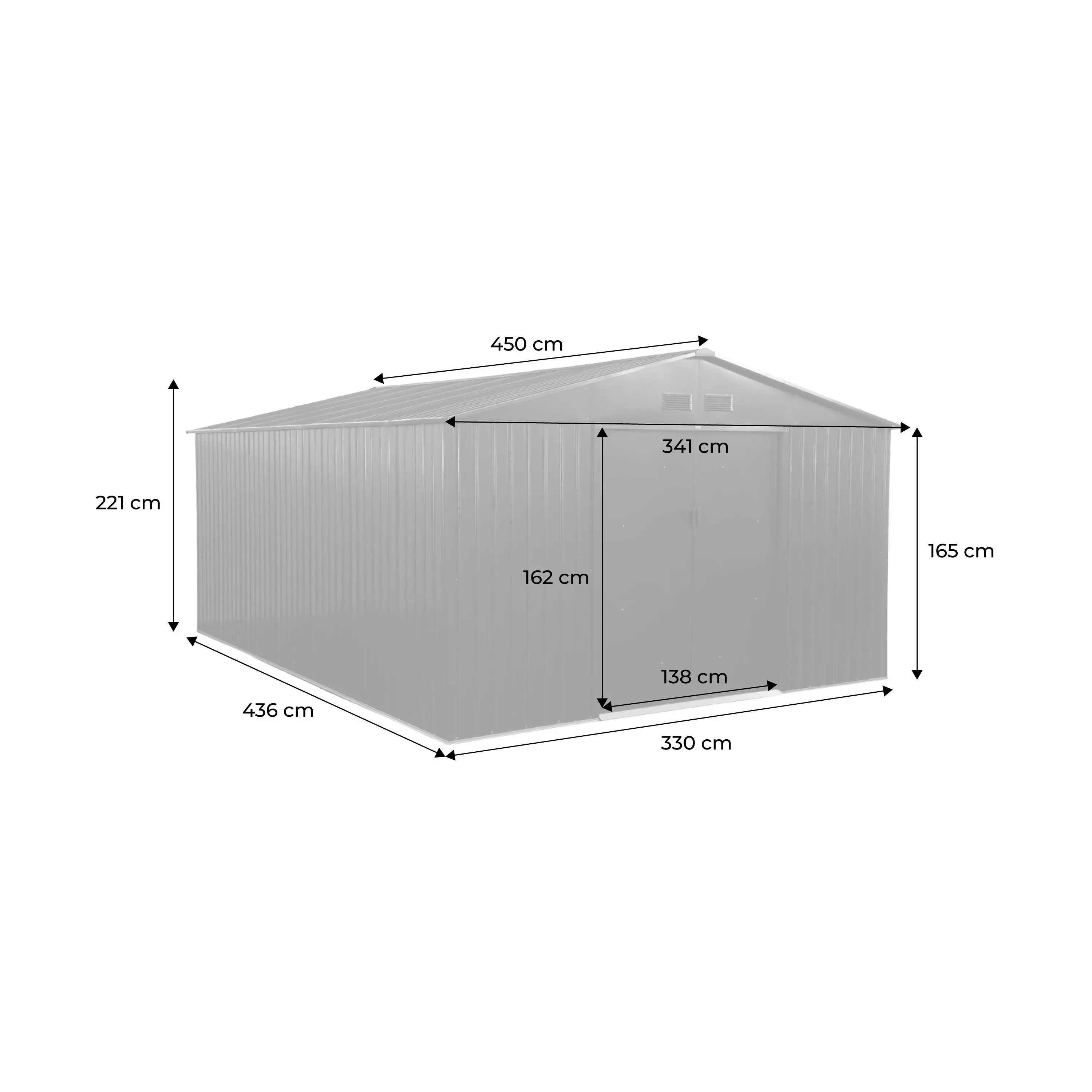 Abri de jardin acier galvanisé 15,35m² avec kit d'ancrage