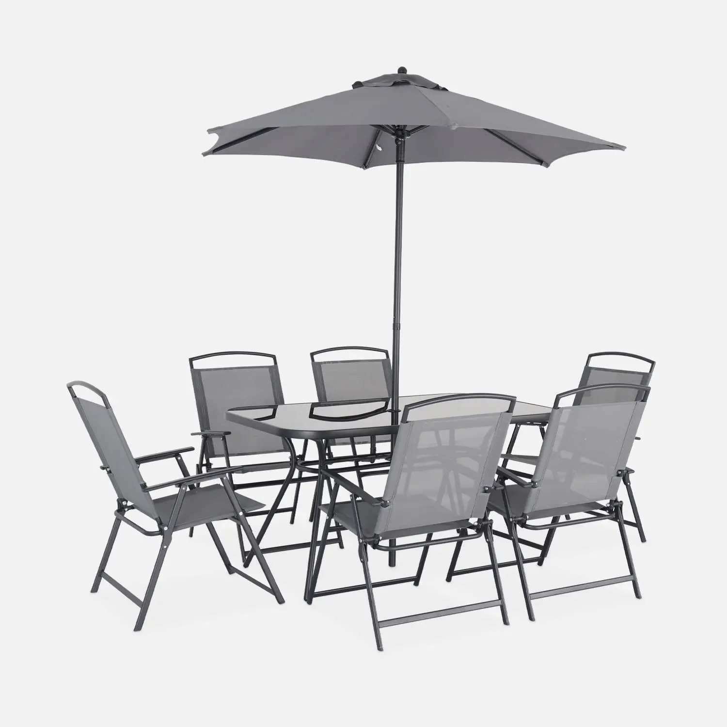 Table de jardin acier avec parasol + 6 assises