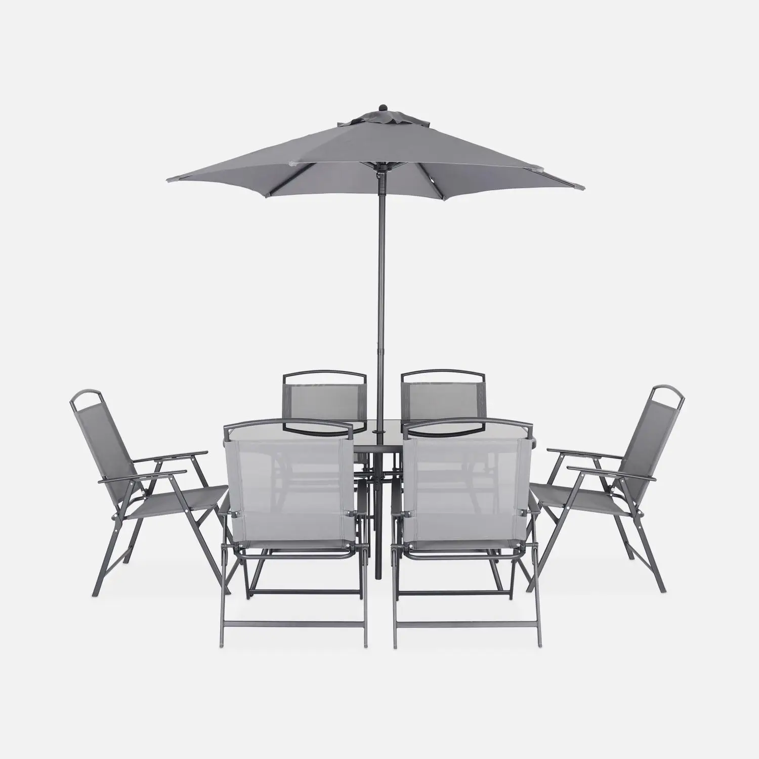 Table de jardin acier avec parasol + 6 assises