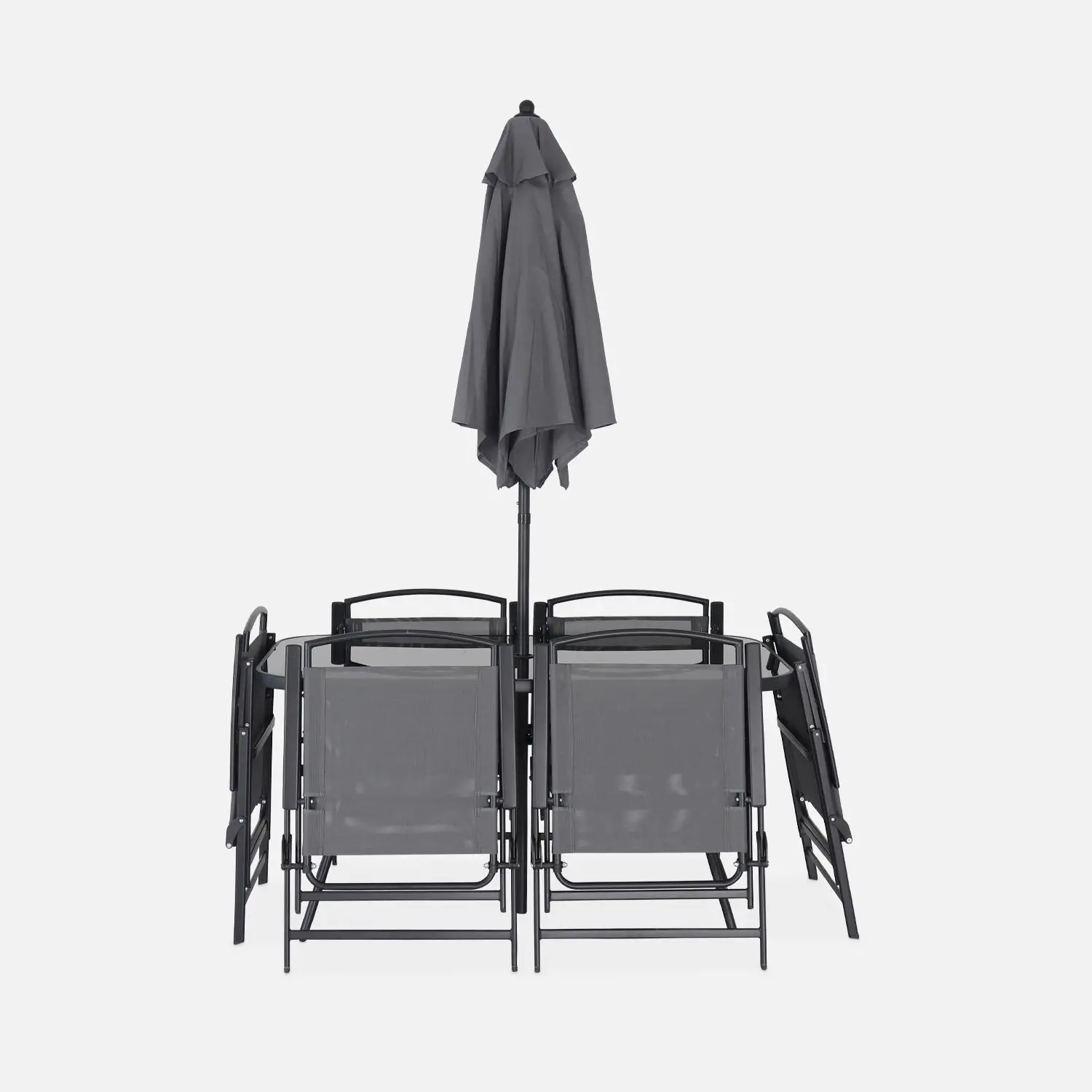 Table de jardin acier avec parasol + 6 assises