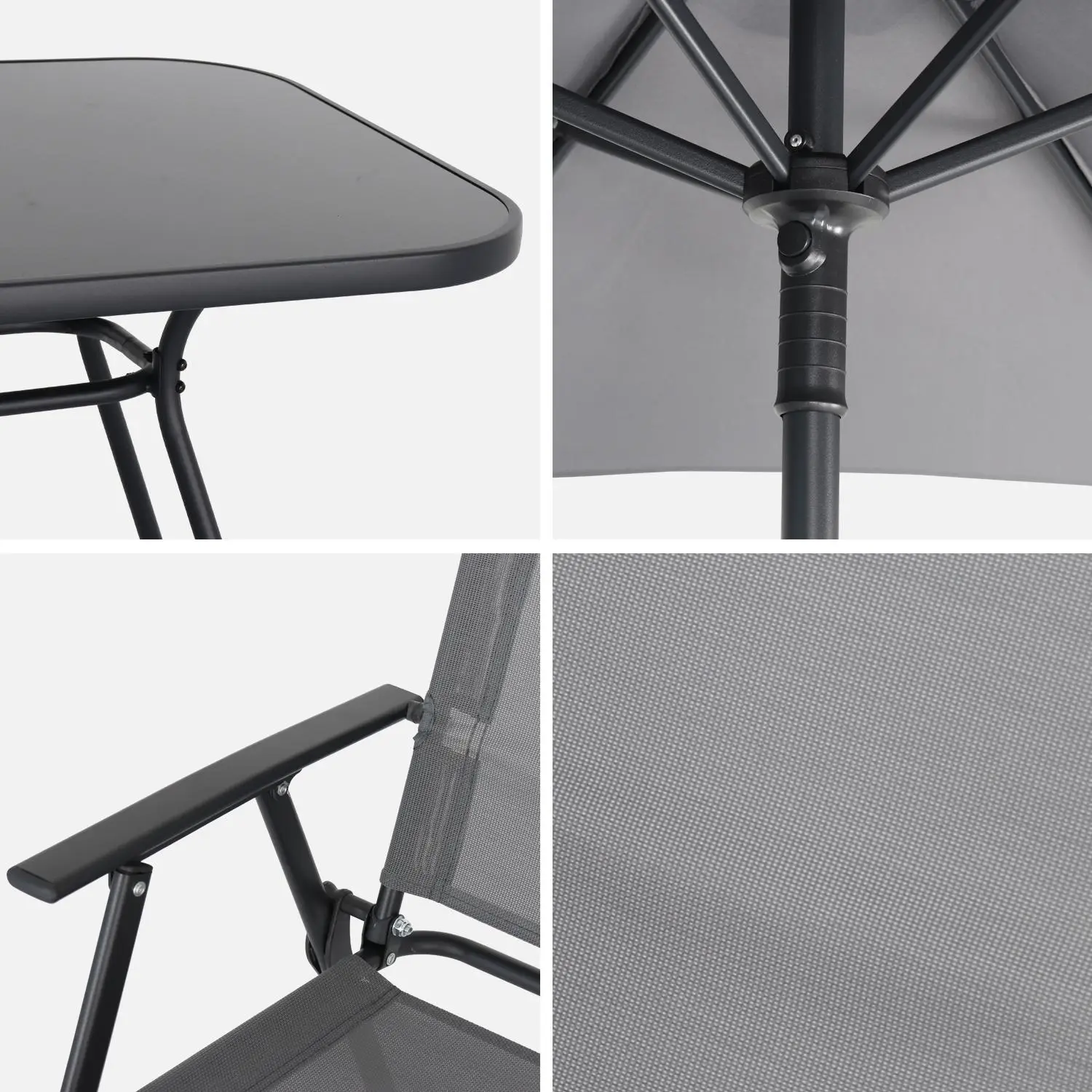 Table de jardin acier avec parasol + 6 assises