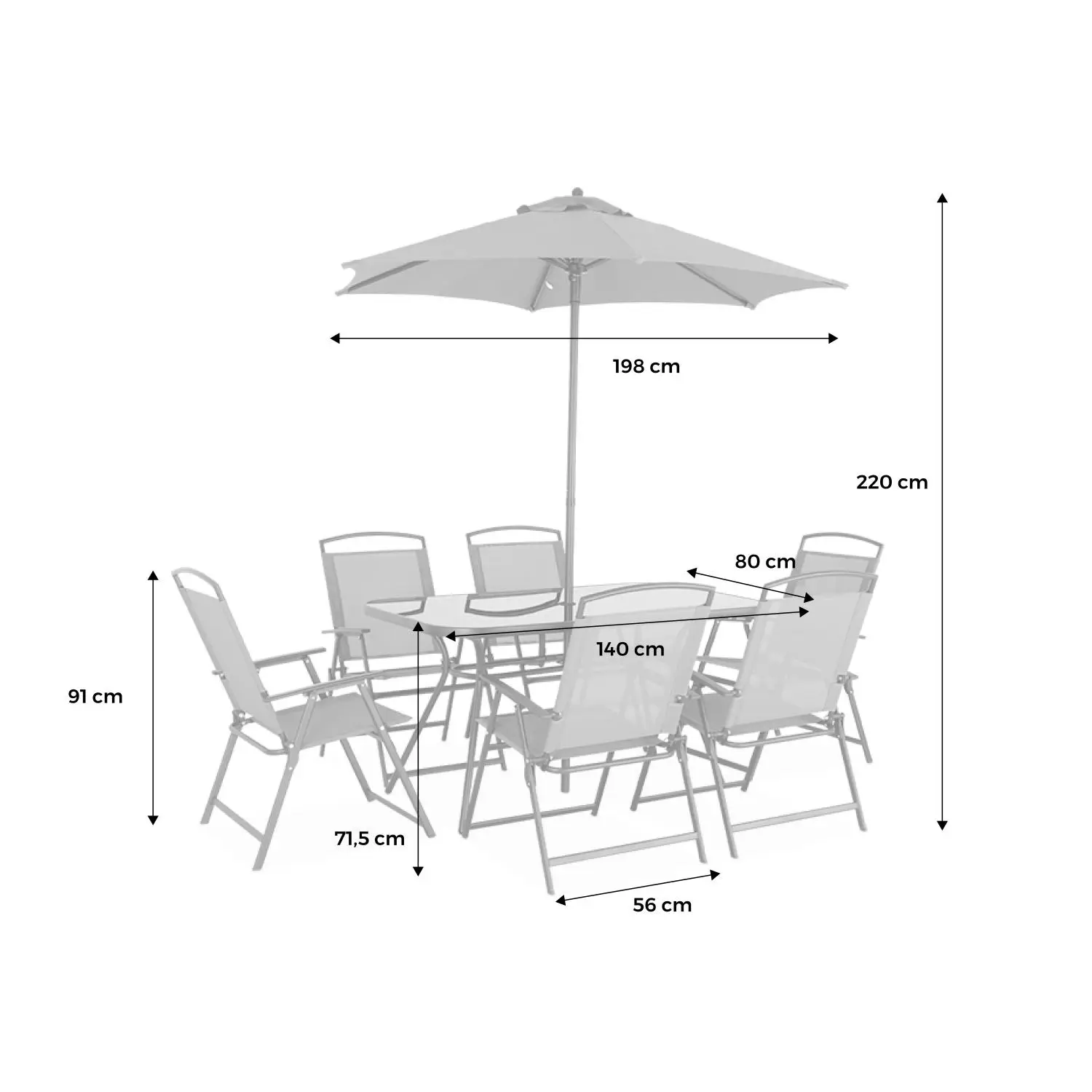 Table de jardin acier avec parasol + 6 assises