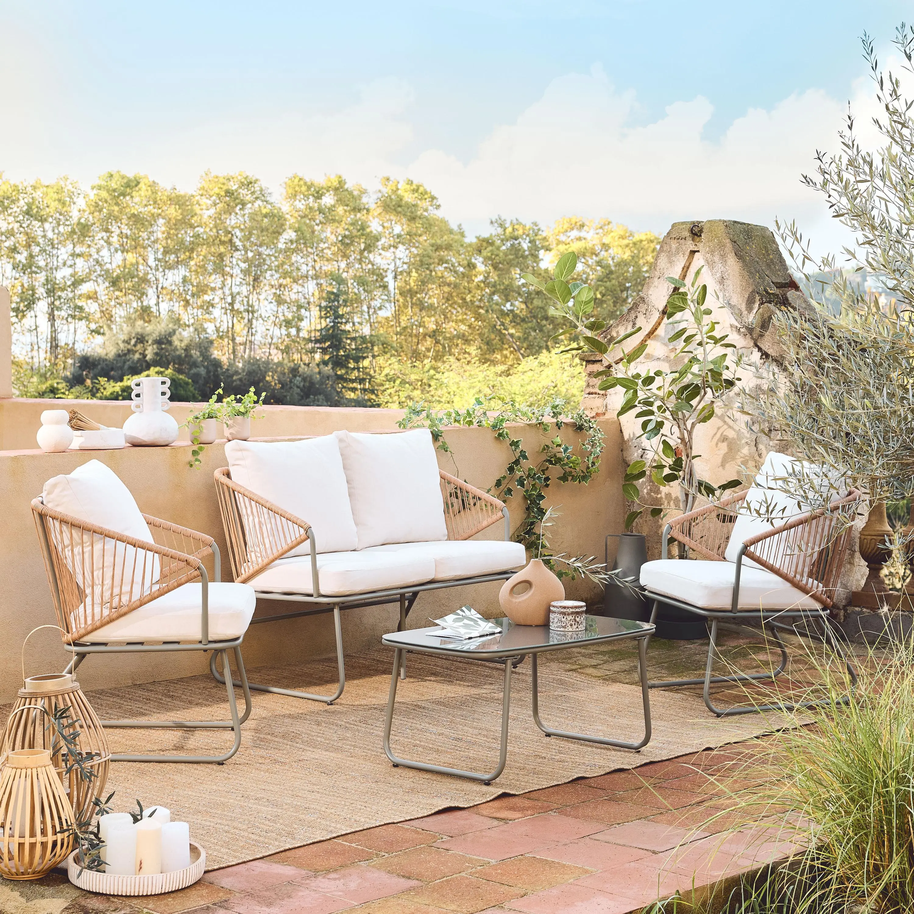 Salon de jardin acier et cordes 4 places