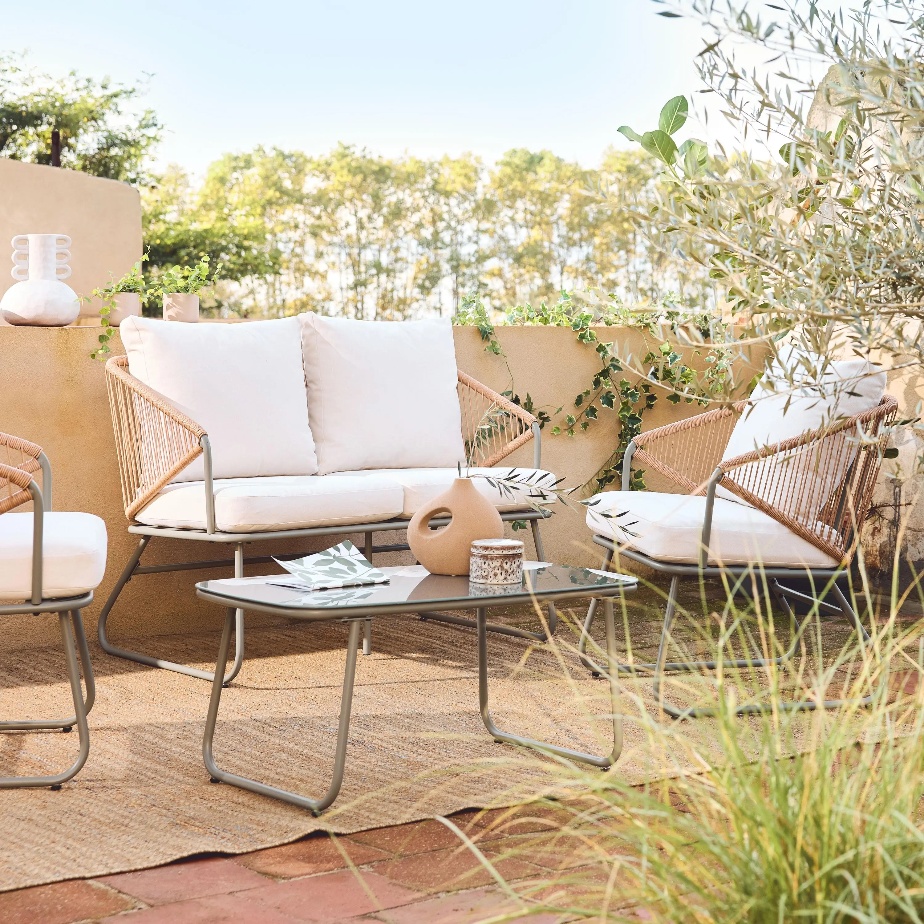 Salon de jardin acier et cordes 4 places