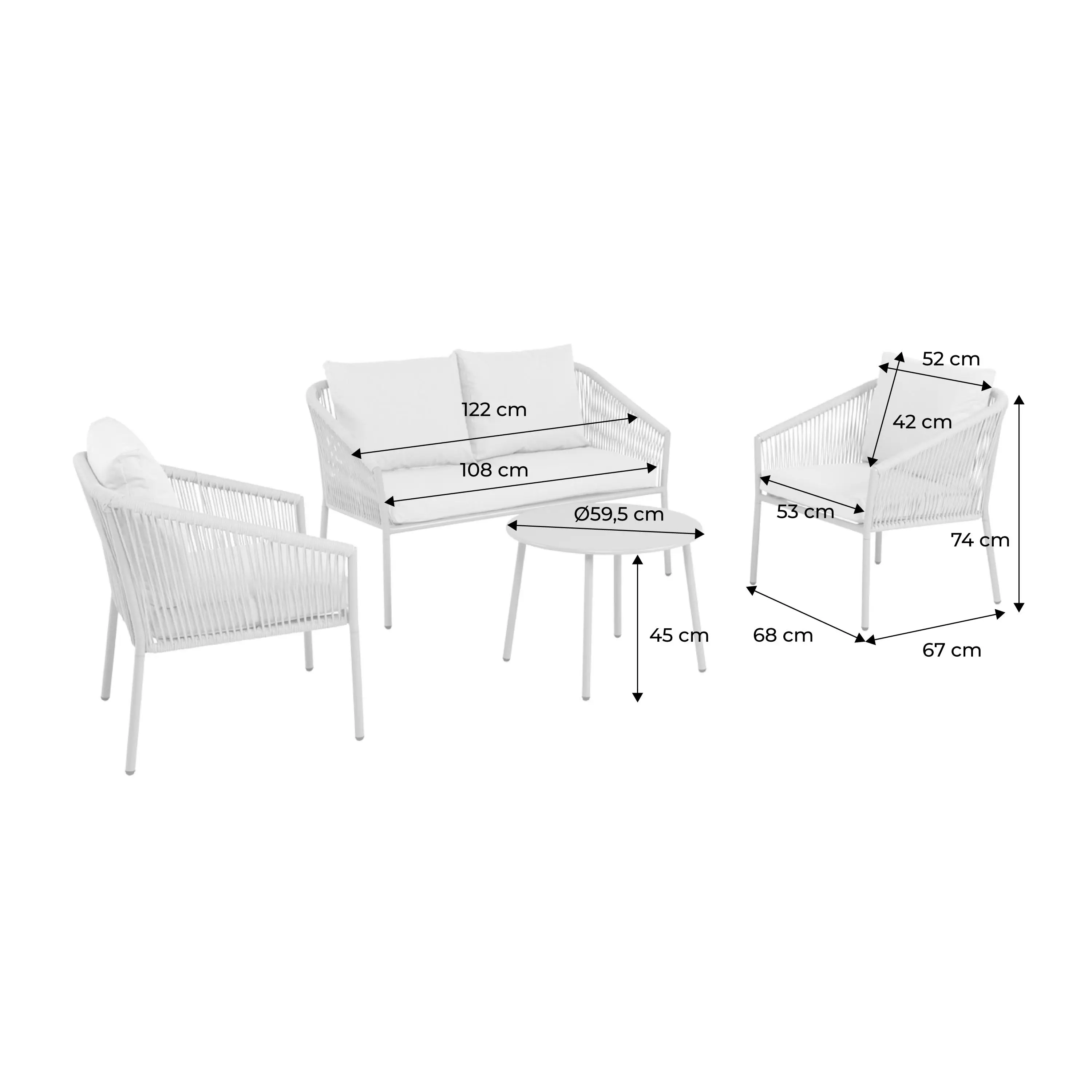 Salon de jardin acier et cordes 4 places