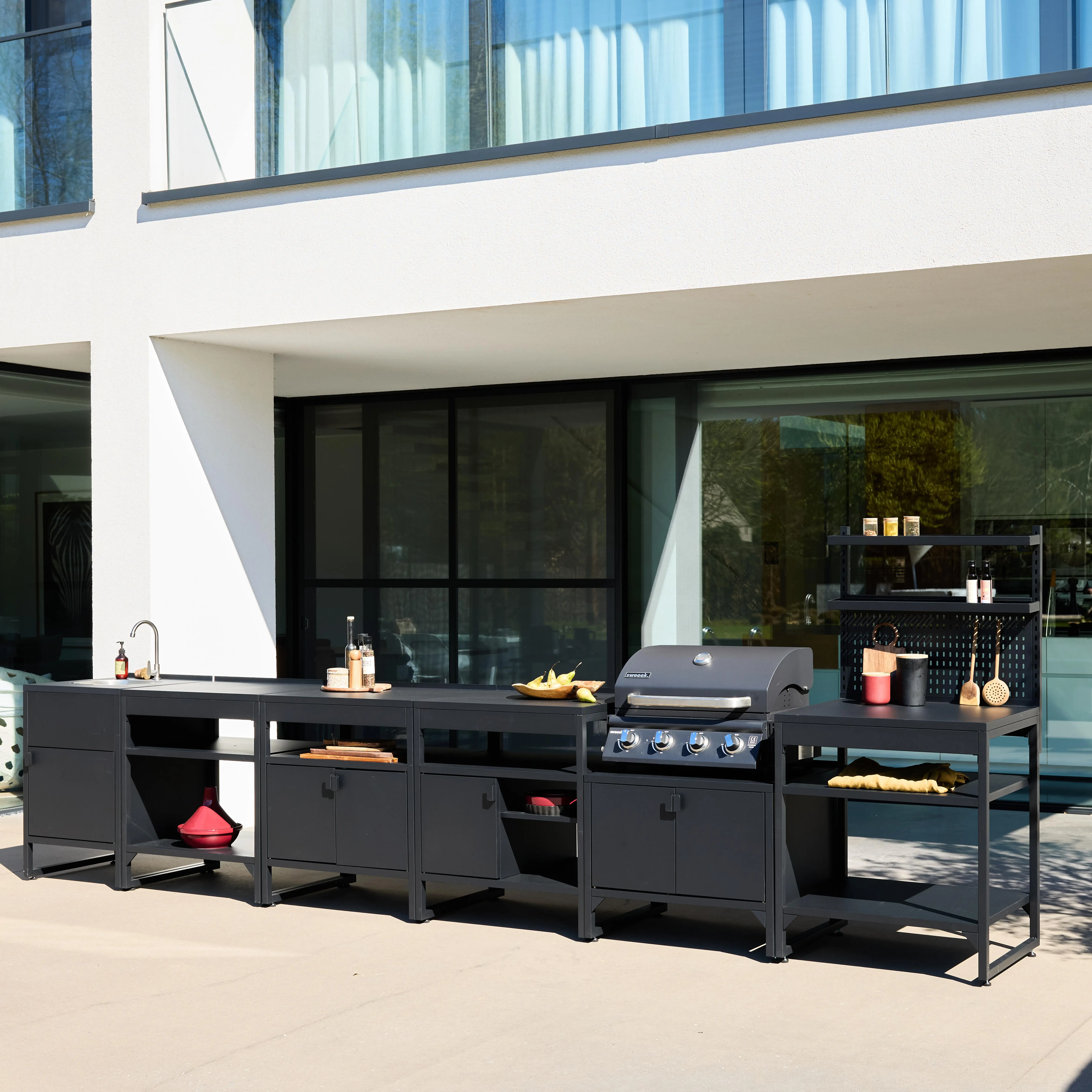 Cuisine extérieure 6 modules acier inoxydable avec barbecue gaz 4 brûleurs