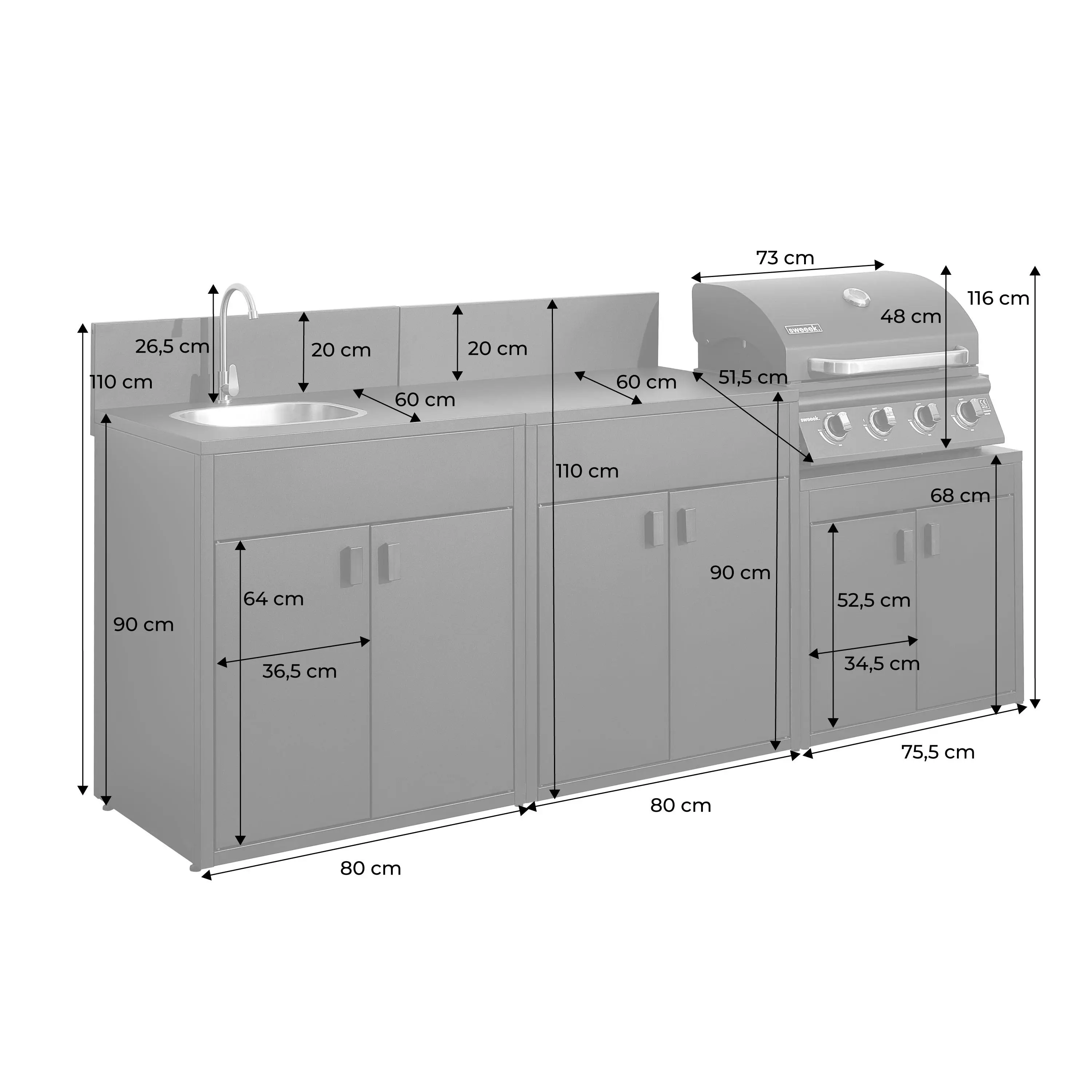 Cuisine extérieure 3 modules acier avec barbecue gaz 4 brûleurs