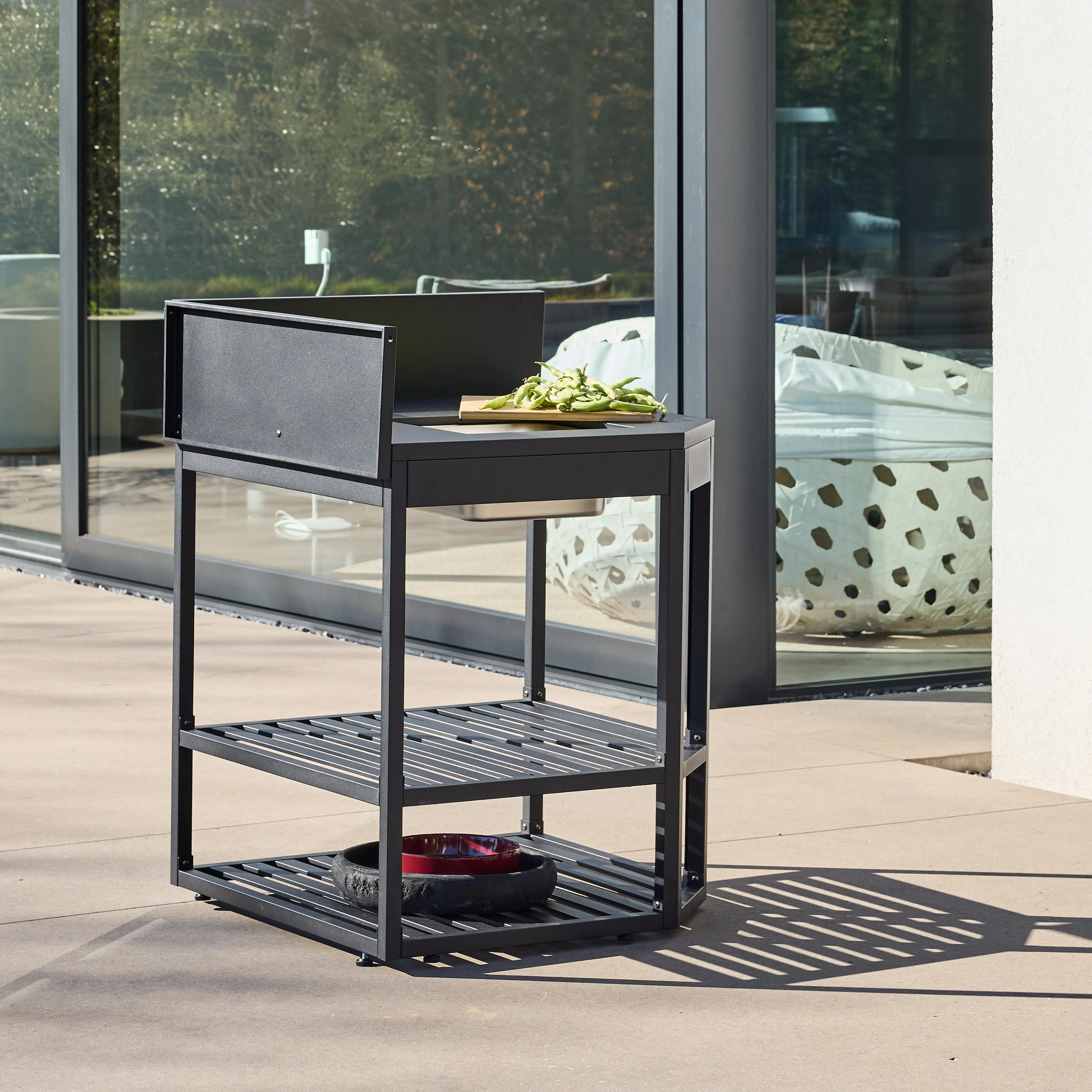 Module d'angle cuisine extérieure acier avec bac à glaçons et planche en bois L80cm