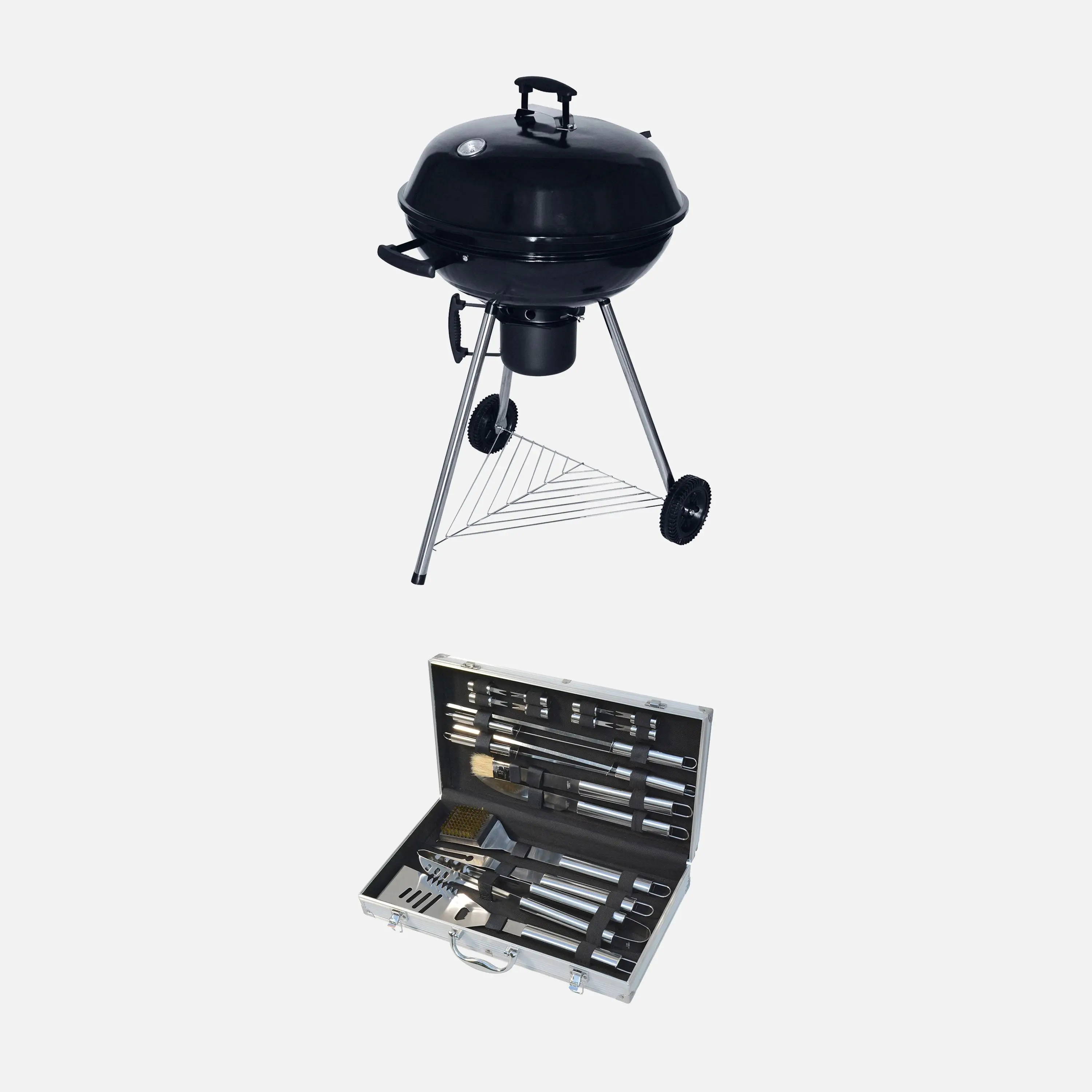 Barbecue boule charbon de bois, grill et fumoir Ø57cm avec roues et 18 accessoires