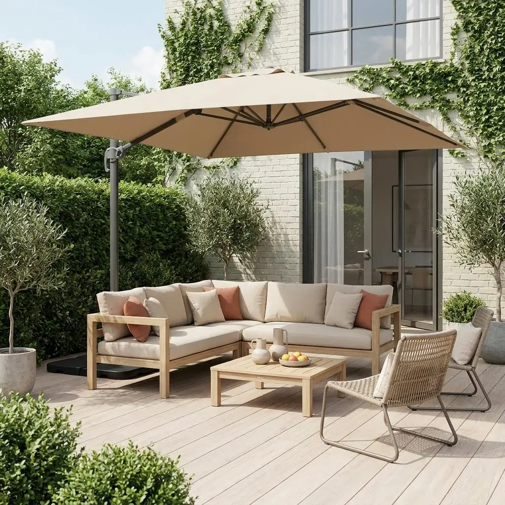 Parasol déporté carré 3x3m + lot de 4 dalles à lester 50x50cm