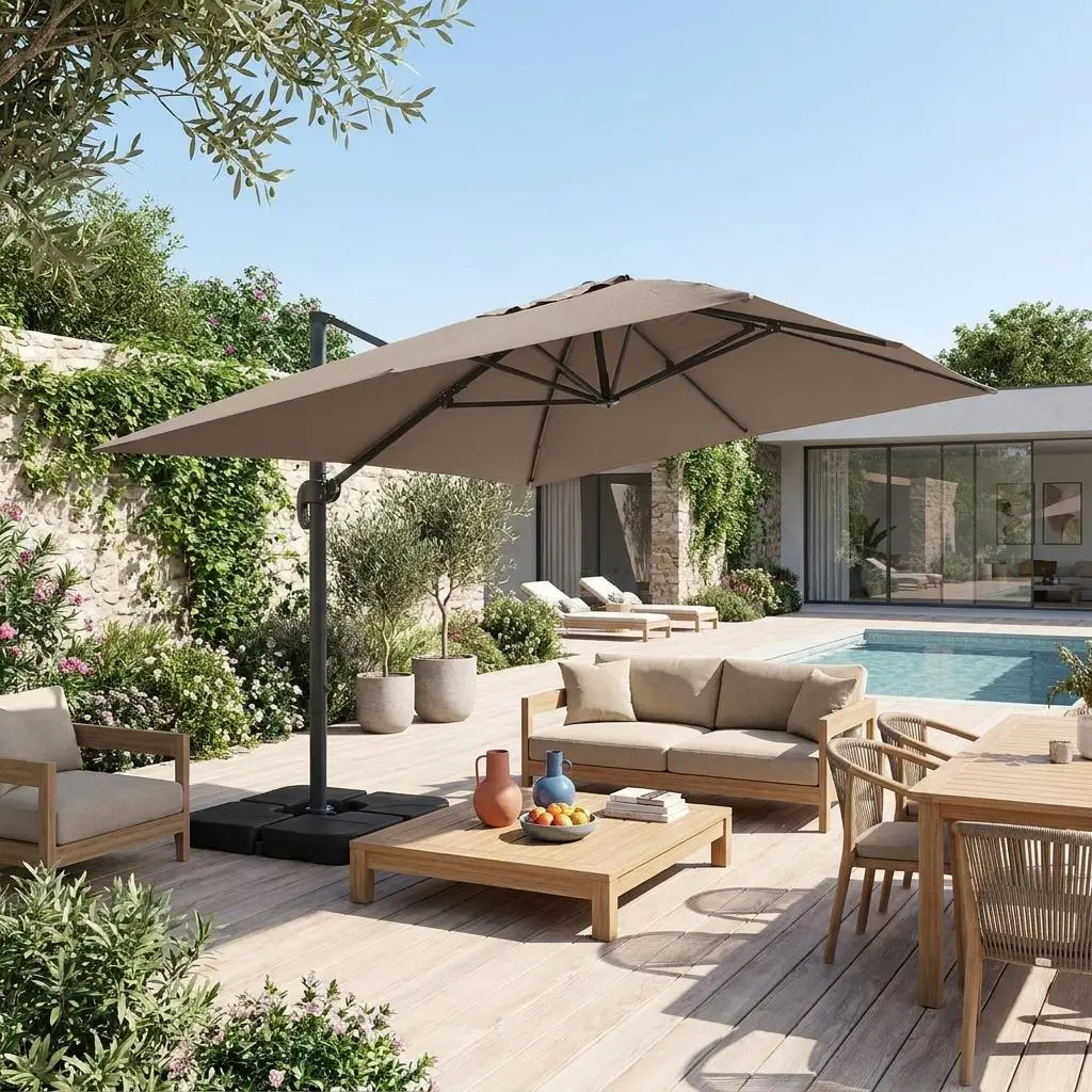 Parasol déporté rectangulaire 3x4m + dalles à lester 50x50cm