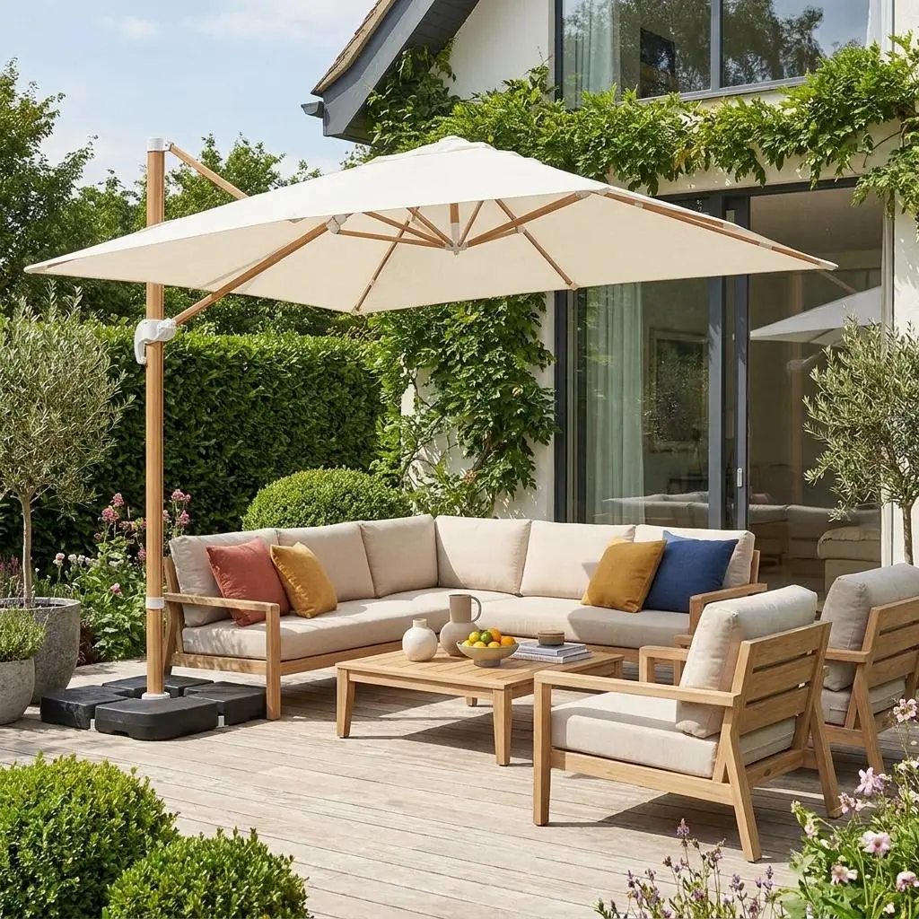 Parasol déporté rectangulaire 3x4m, mât effet bois + dalles à lester 50x50cm