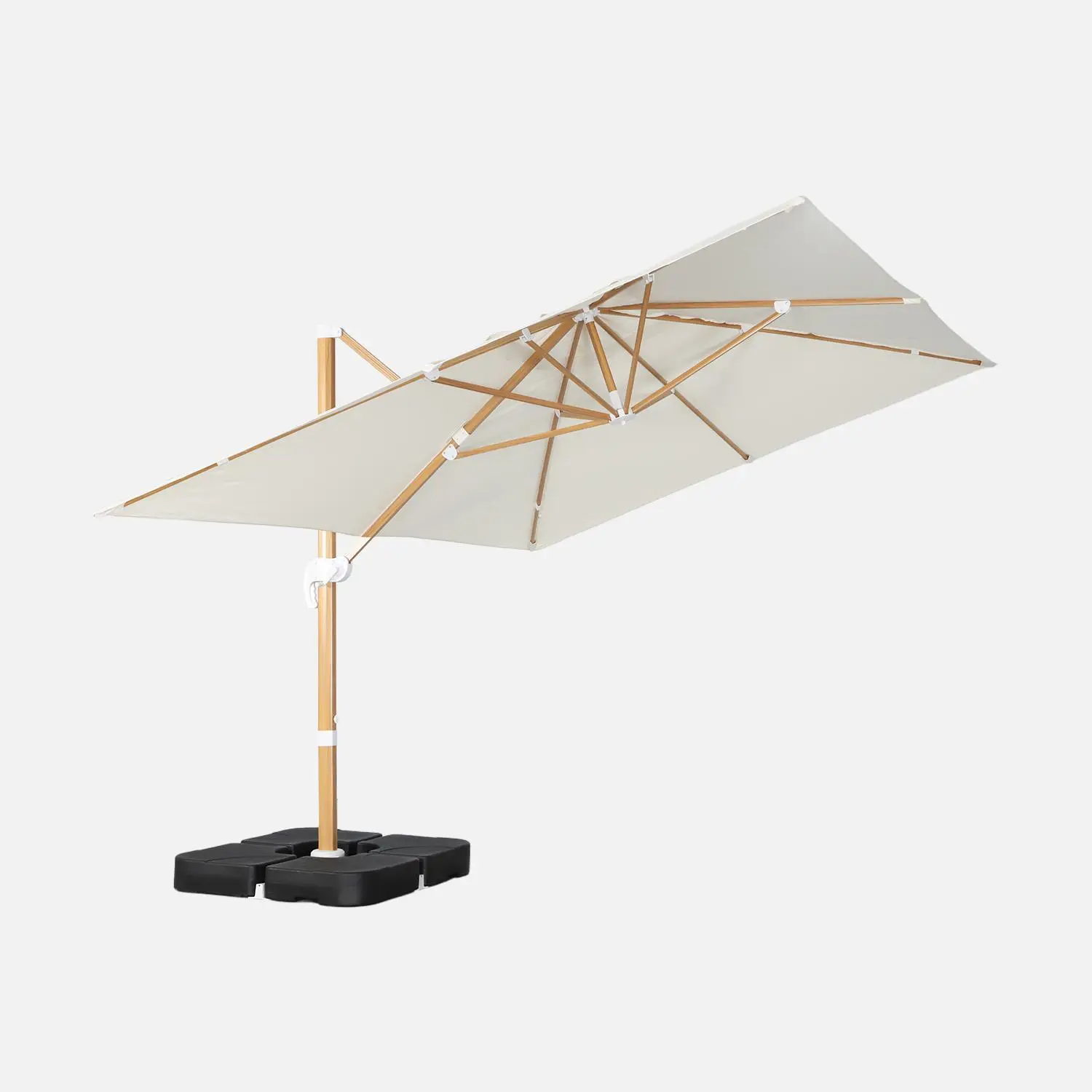 Parasol déporté rectangulaire 3x4m, mât effet bois + dalles à lester 50x50cm